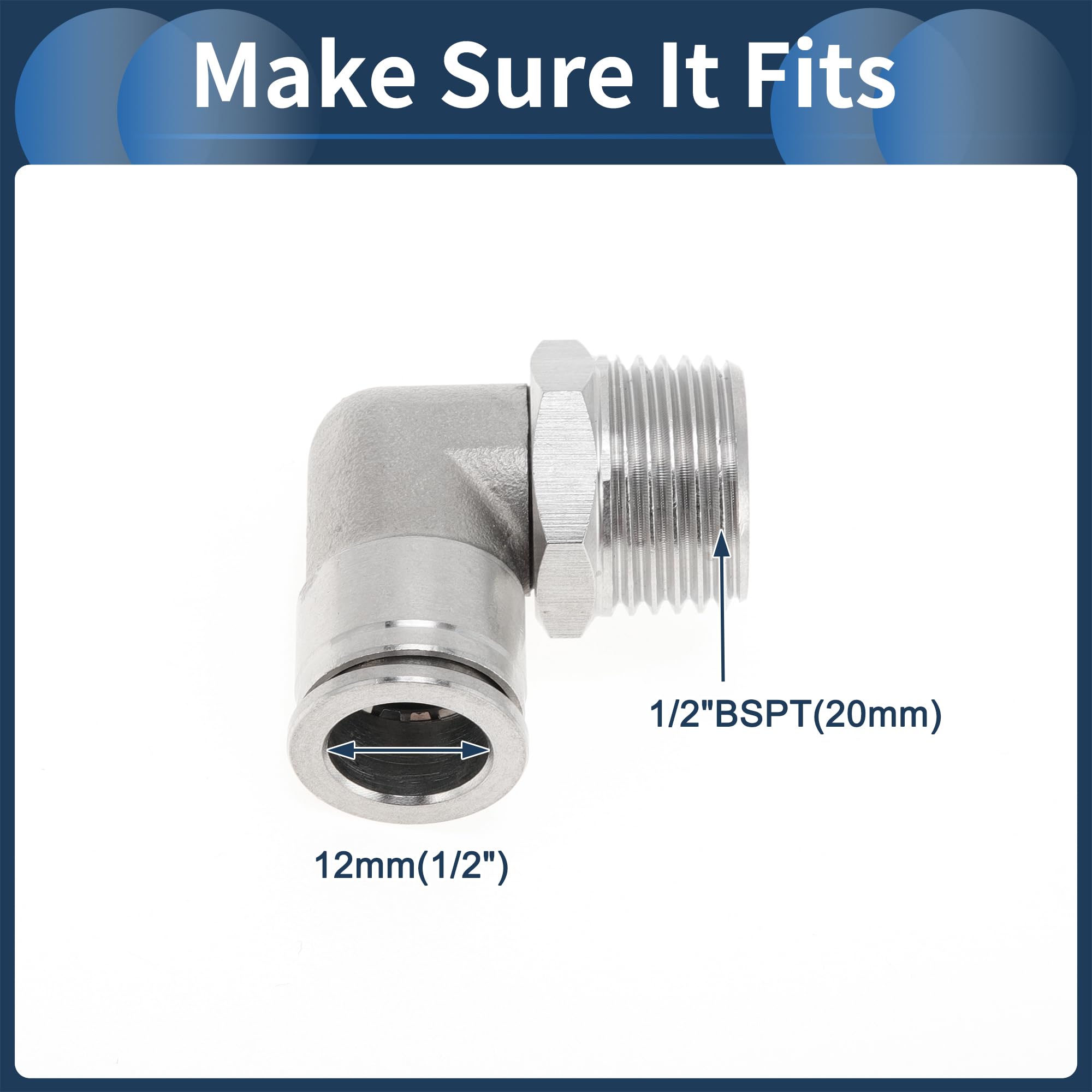 RATCHROLL Push to Connect Air Fittings 1/2" 90 Degree Air Line Quick Joint 304 Stainless Steel 1/2" BSPT 2 Pcs Silver Tone - Image 4