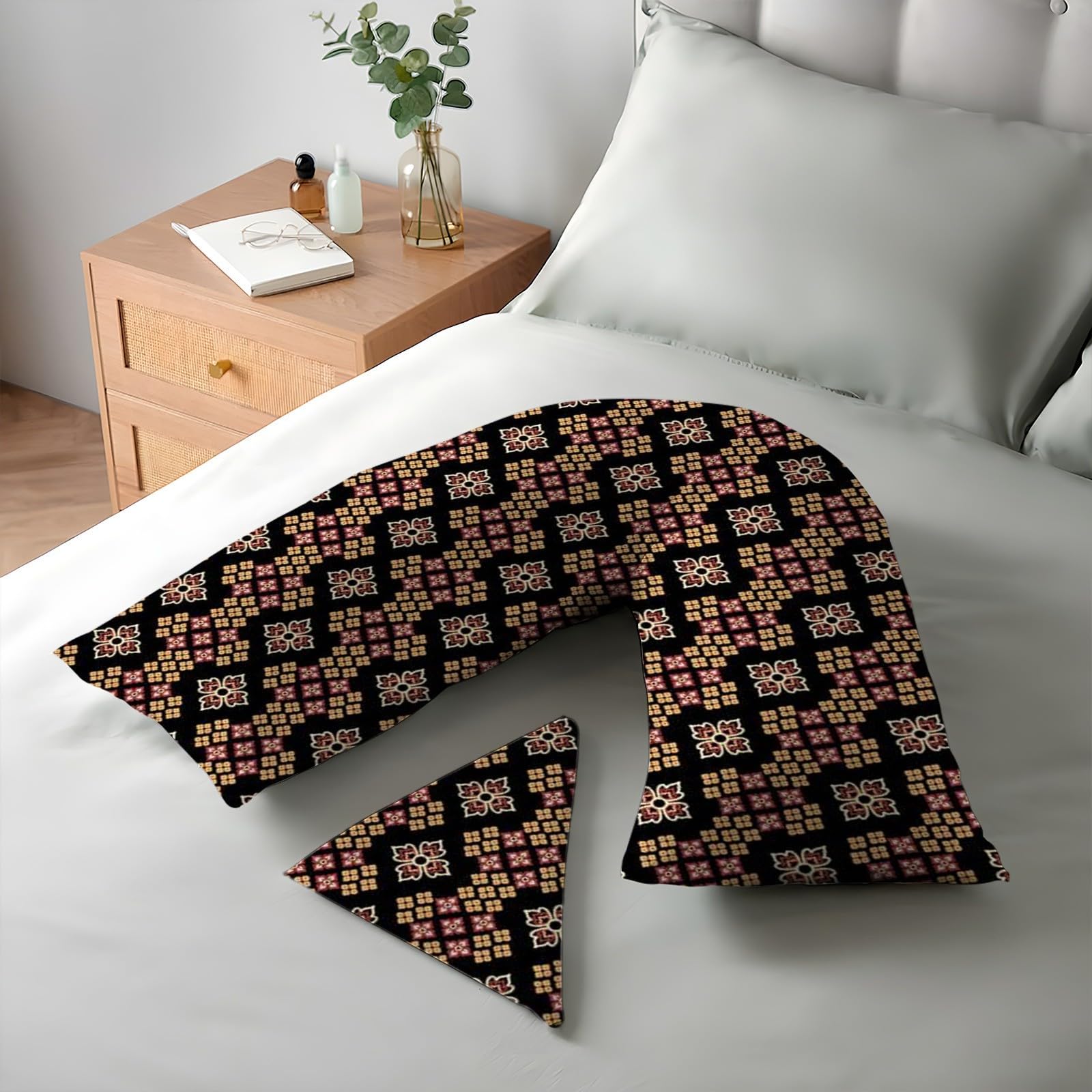 CHILIMILII V Shaped Orthopaedic Pillow with Printed Cover 74x34cm- Extra Filled with Virgin Hollow Fibre - Maternity & Pregnancy Support- Anti Allergy Triangle pillows for Adults (Pattern # 10)