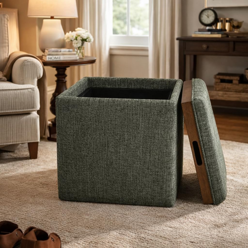 HomePop Home Decor Storage Ottoman with Tray Top|Upholstered Modern Square Storage Ottoman with Storage for Living Room & Bedroom, Green Clover Fabric