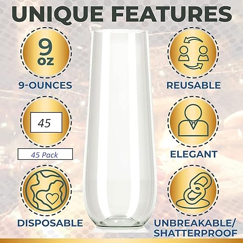 Miniatura 3 de 45 copas de champán de plástico sin tallo, vasos desechables e irrompibles, paquete de 45  Vidrio de champán de 9 onzas, sin BPA, ideal para bodas,