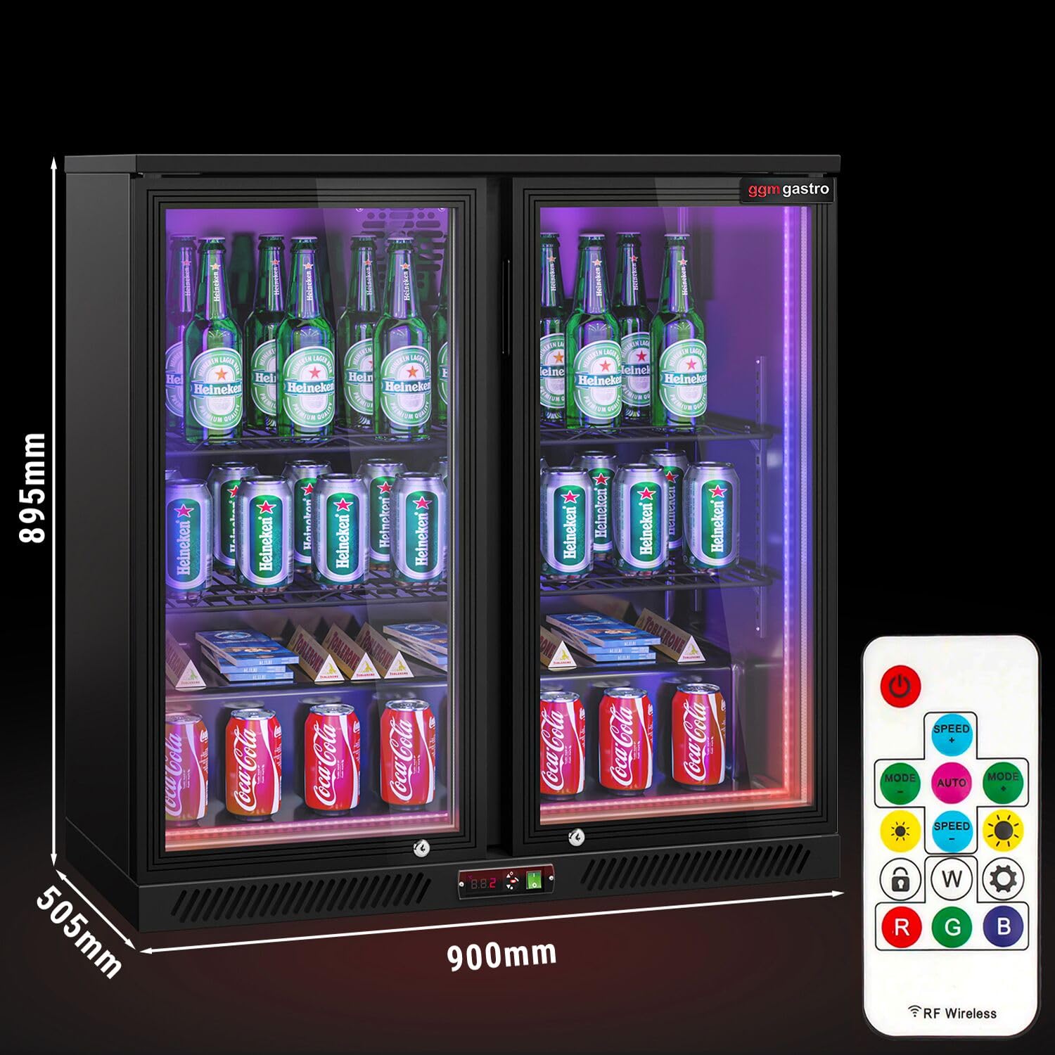 GGM Gastro | BKTLG220S | Barkühlschrank - 900mm - 220 Liter - mit 2 Glasflügeltüren - Außen & Innen Schwarz