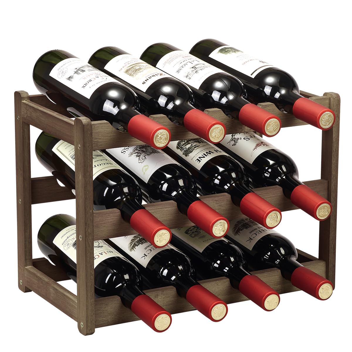 Homevany Bamboo Wine Rack, Sturdy and Durable Wine Storage Cabinet Shelf, Wine Racks Countertop for Pantry - 3 Tiers 12 Bottle Wine Rack, Moca
