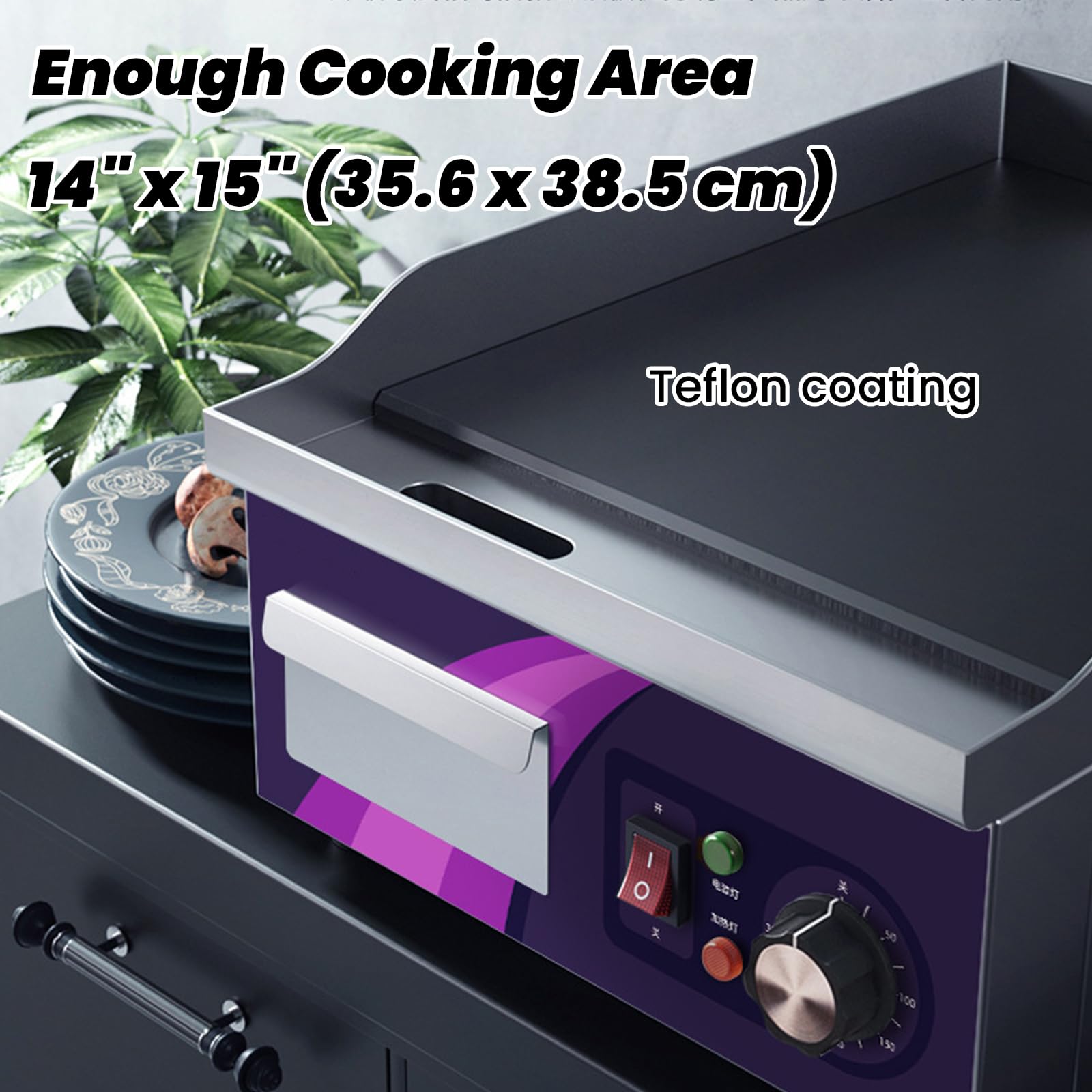 Plancha Cocina Eléctrica Profesional 14", Plancha De Asar Eléctrica De Acero Inoxidable Antiadherente De 2000W para Restaurantes Cocina Control De Temperatura Ajustable 50-300 ℃