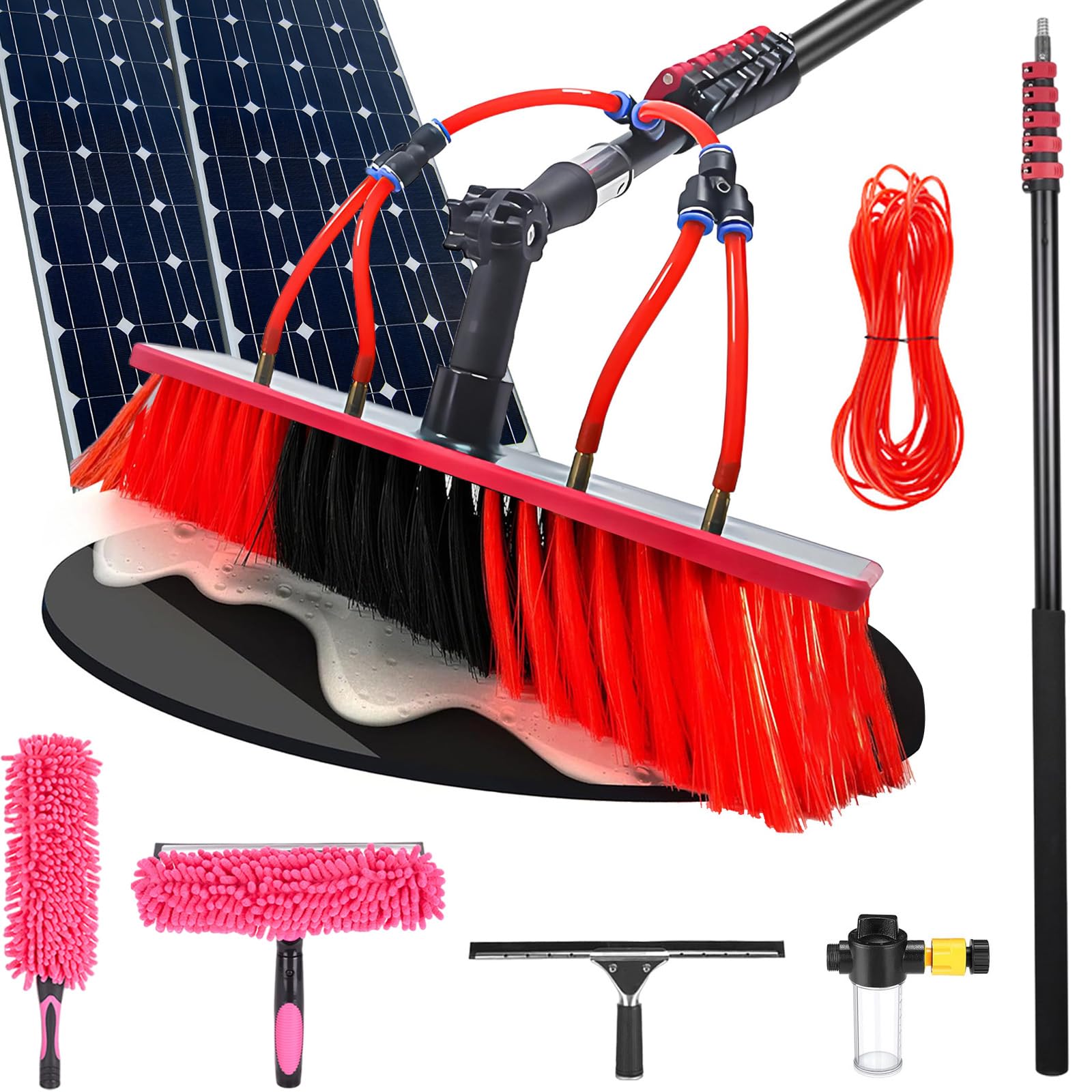 LMMIAOZ Window Cleaning Brush,3.6-10.8m Extandable Telescopic, Water Fed Window Cleaning Pole, Cleaner For Solar Panels, Cleaning Equipment with Soap Dispenser & Squeegee & Duste