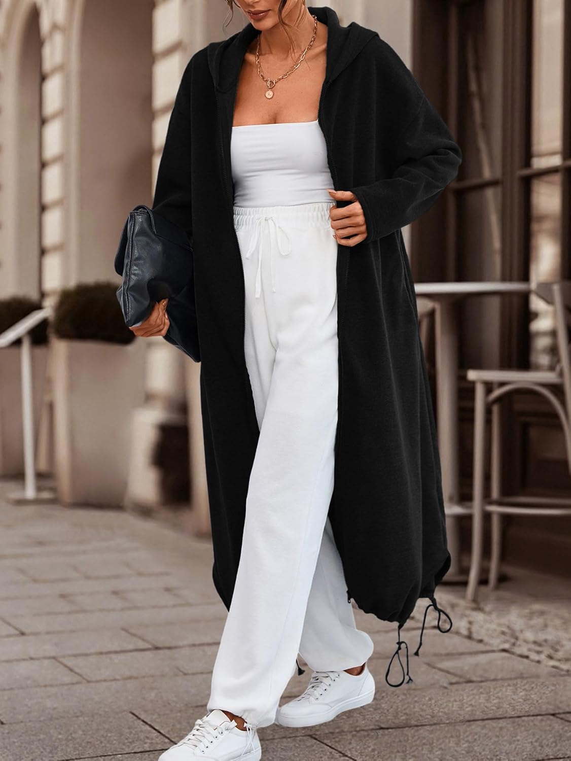 Ebifin Women's Oversized Full Zip Sweatshirts Drop Shoulder Hoodies Drawstring Long Jackets With Pockets Black - Image 3