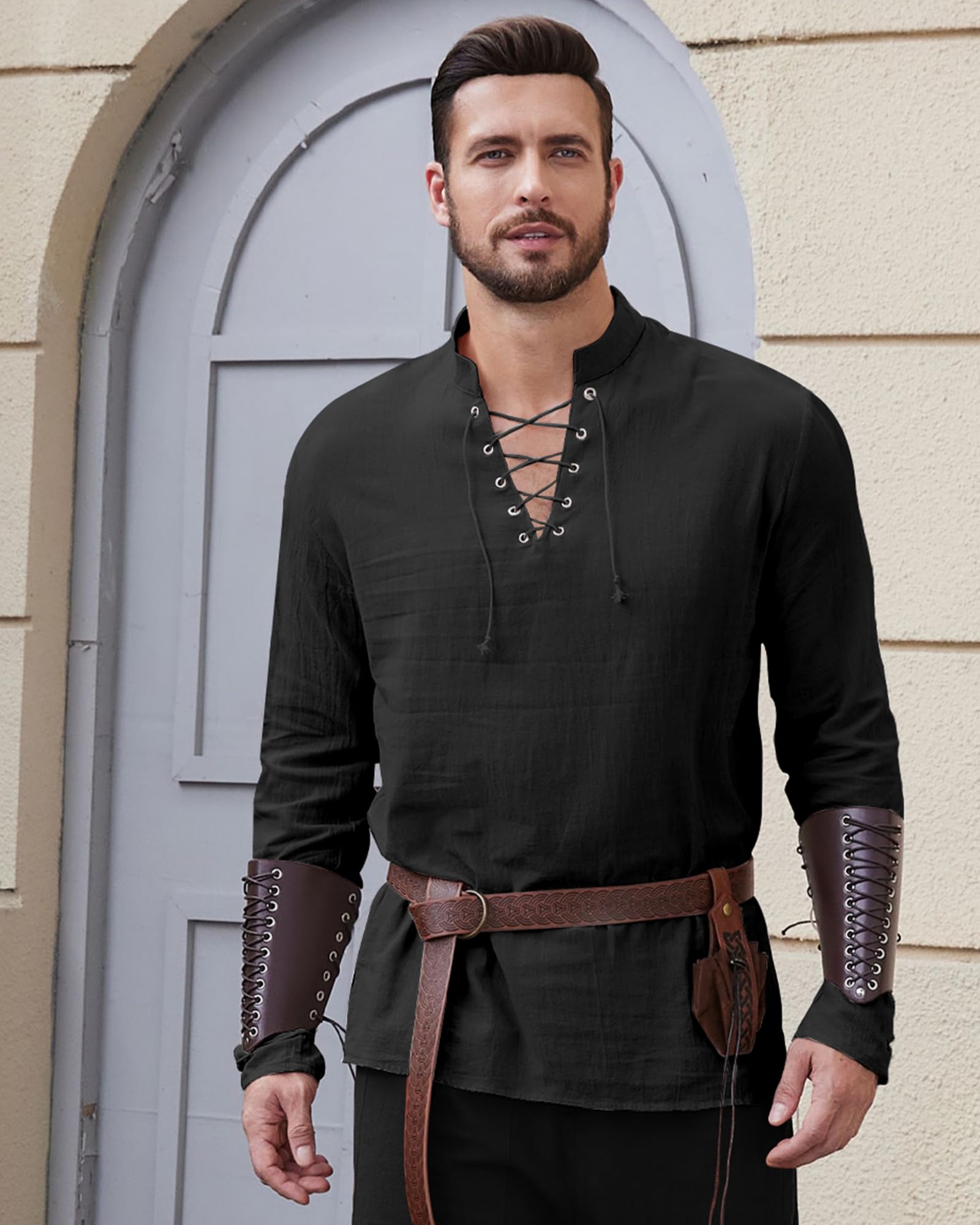 LVCBL Camicia Uomo Medievale in Cotone Lino con Lacci e Collo Coreano M-3XL