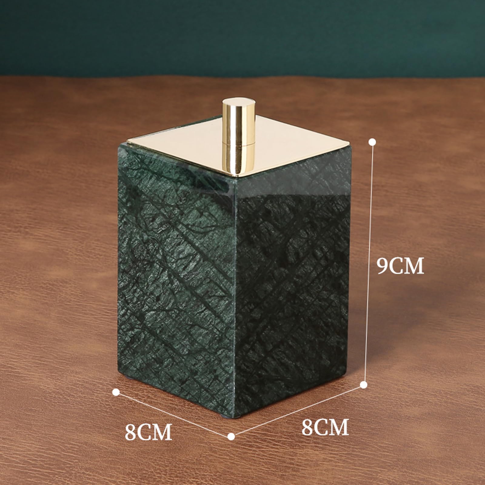 Ensemble de 6 pièces comprenant un distributeur de liquide vaisselle vert effet marbre, un plateau, des boîtes de dentifrice et un distributeur de liquide vaisselle avec flacons d'aromathérapie. Pom