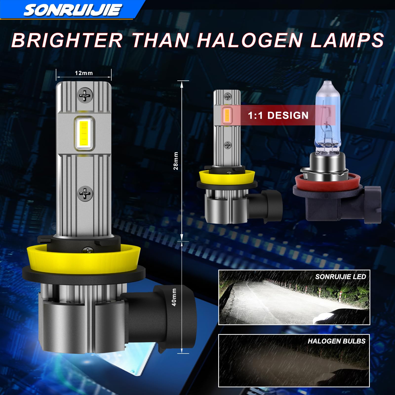 Żarówka reflektorowa H8 H9 H11 LED, 16000 lumenów, 6000K, chłodne białe światło, zestaw do konwersji świateł drogowych i mijania, 2 sztuki