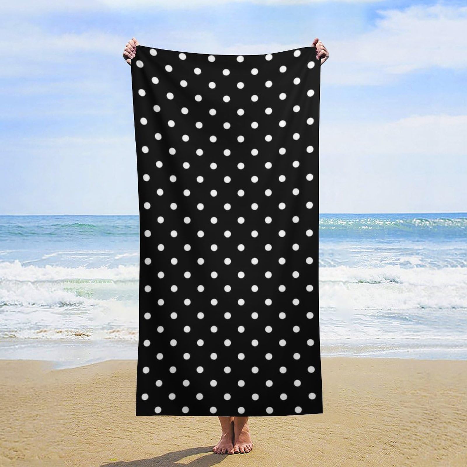 NZCVRFZE Black and White Polka Microfiber Beach Towel Blanket,Sand Proof Swimming Bath Pool Towel for Travel Camping Yoga Sport,Oversized,32