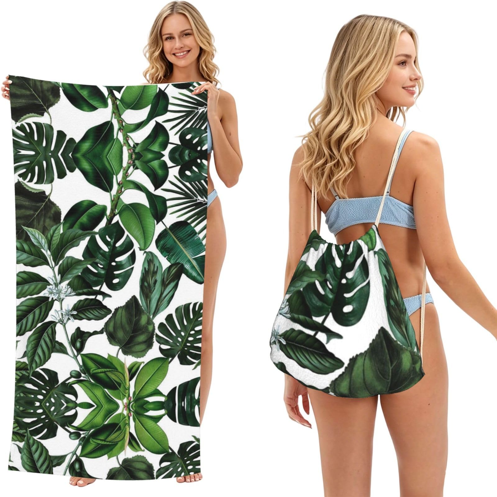SATUSA Tropical Leaves Print 2-In-1 Foldable Beach Towel Backpack â€“ Camping, Yoga And Travel,Bath Towel With Built-In Storage, Convertible Beach Mat & Carry Bag