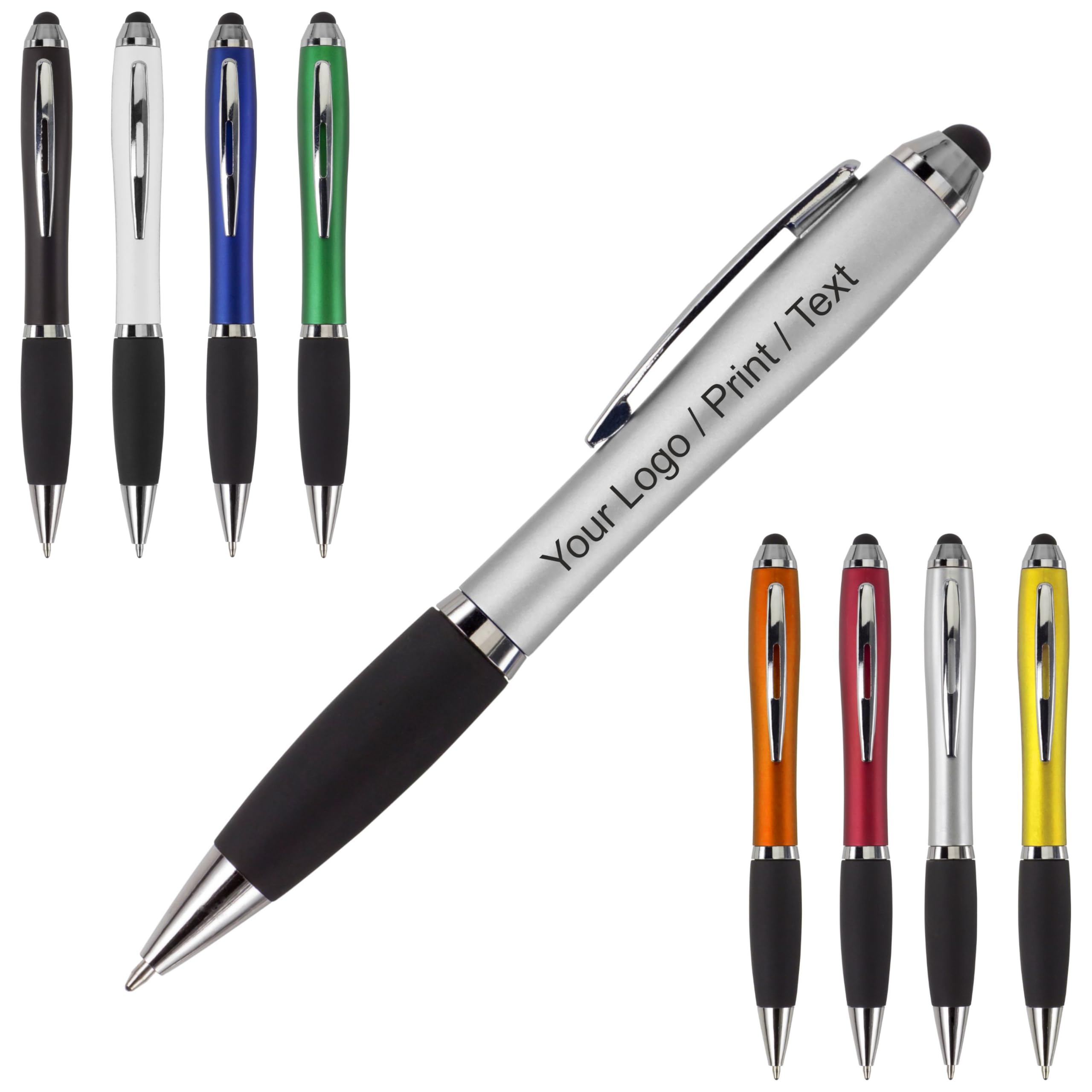 500 Stück Kugelschreiber aus Kunststoff mit Drehmechanik, Metall-Clip, gummierter Griffzone & Touchpen personalisierbar mit UV-Druck für Logo Text oder Werbung für Messe & Abschlussfeier (500)