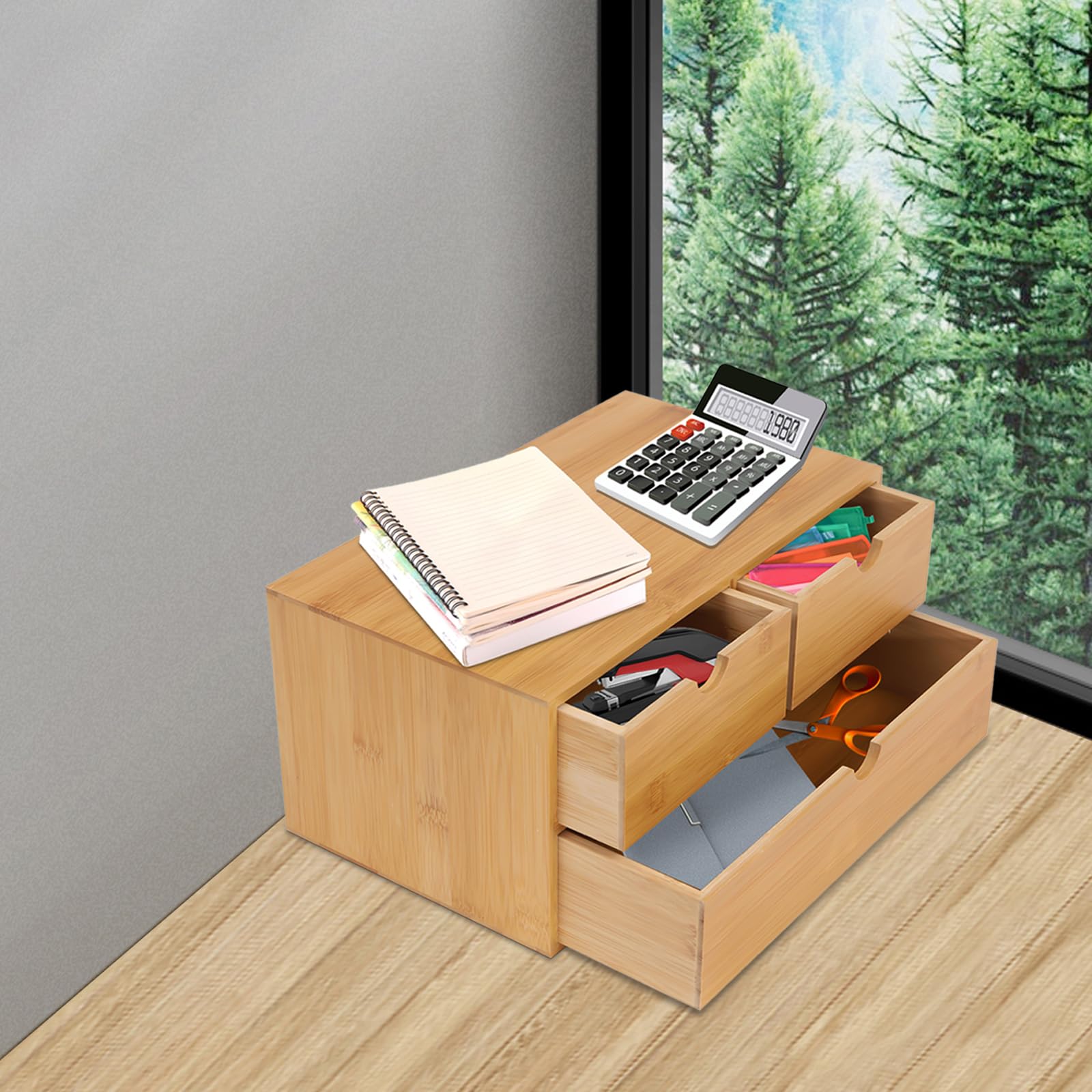 Organizer da scrivania in bambù, organizer da tavolo in legno, con 3 cassetti, portapenne, organizer da scrivania, organizer in bambù, per utensili da ufficio, collezioni di cosmetici e casa
