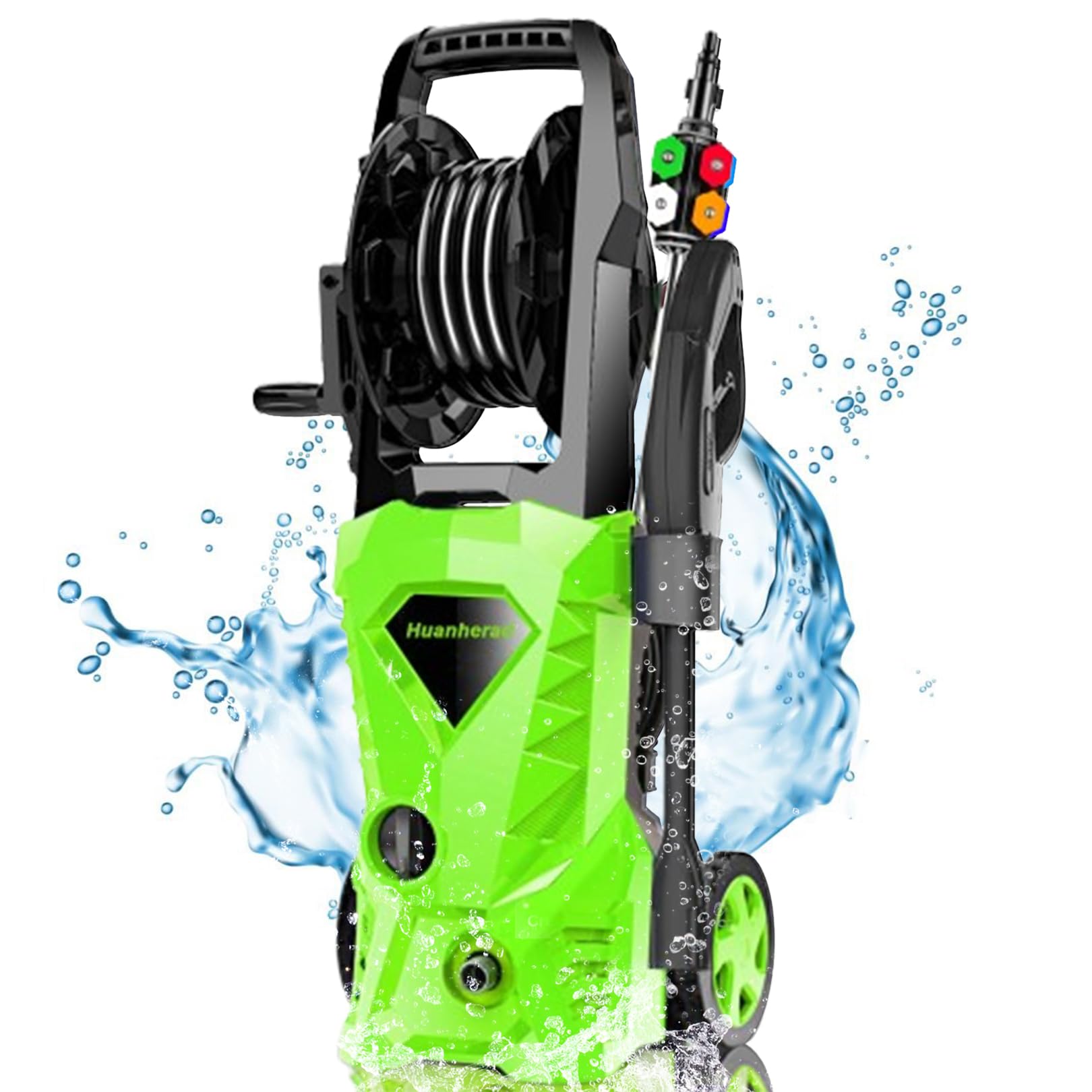 Huanherad 3600 PSI Electric Pressure Washer 4 GPM 1600W Power Washer with 20ft Hose Reel, 4 Tips, Foam Cannon, and Spray Gun &Wand, Best Pressure Washer for Cars, Home use, Green