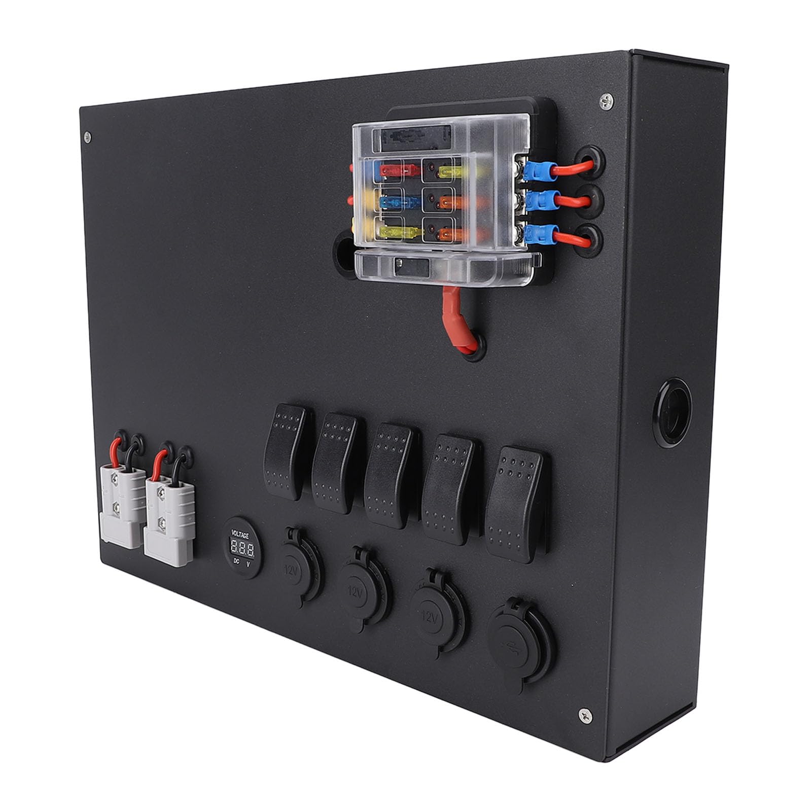 Keenso Skrzynka Kontrolna Zasilania Akumulatorowego, DC 12 V 24 V Centrum Dystrybucji Zasilania Kempingowego z Woltomierzem Przełącznikowym Gniazdo Zapalniczki Wyjście USB, do