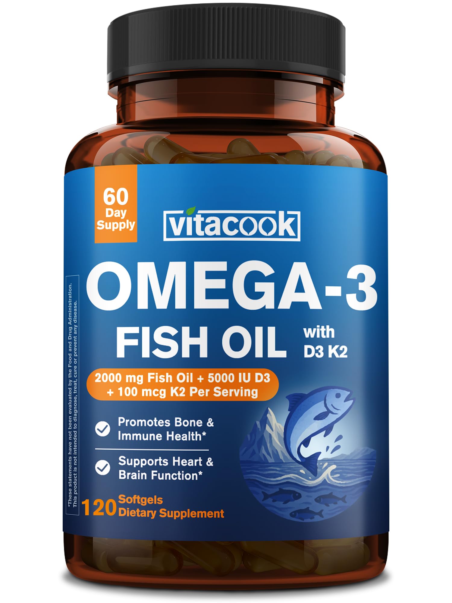 Omega 3 Fish Oil 2000mg, with Vitamins D3 & K2 (MK-7), Omega 3 Fatty Acid Supplements 1100mg, EPA, DHA, from Fresh, Wild-Caught Fish, Bone, Heart, Brain & Immune Health Support, 120 Softgels 120 Count (Pack of 1)