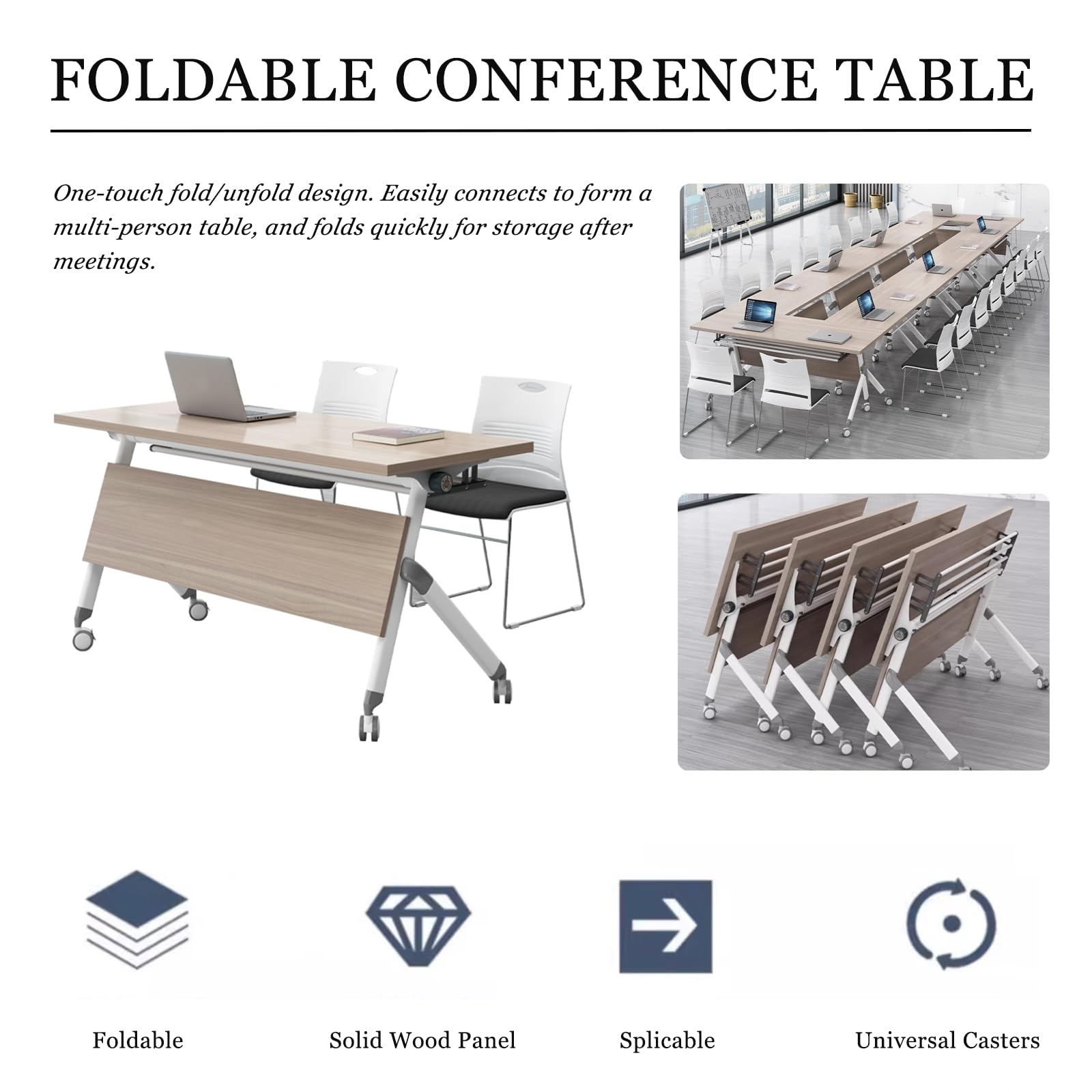 Lot de 2 tables de conférence pliantes avec roulettes, design modulaire pour bureau et salle de réunion, portable et peu encombrante, fourrure