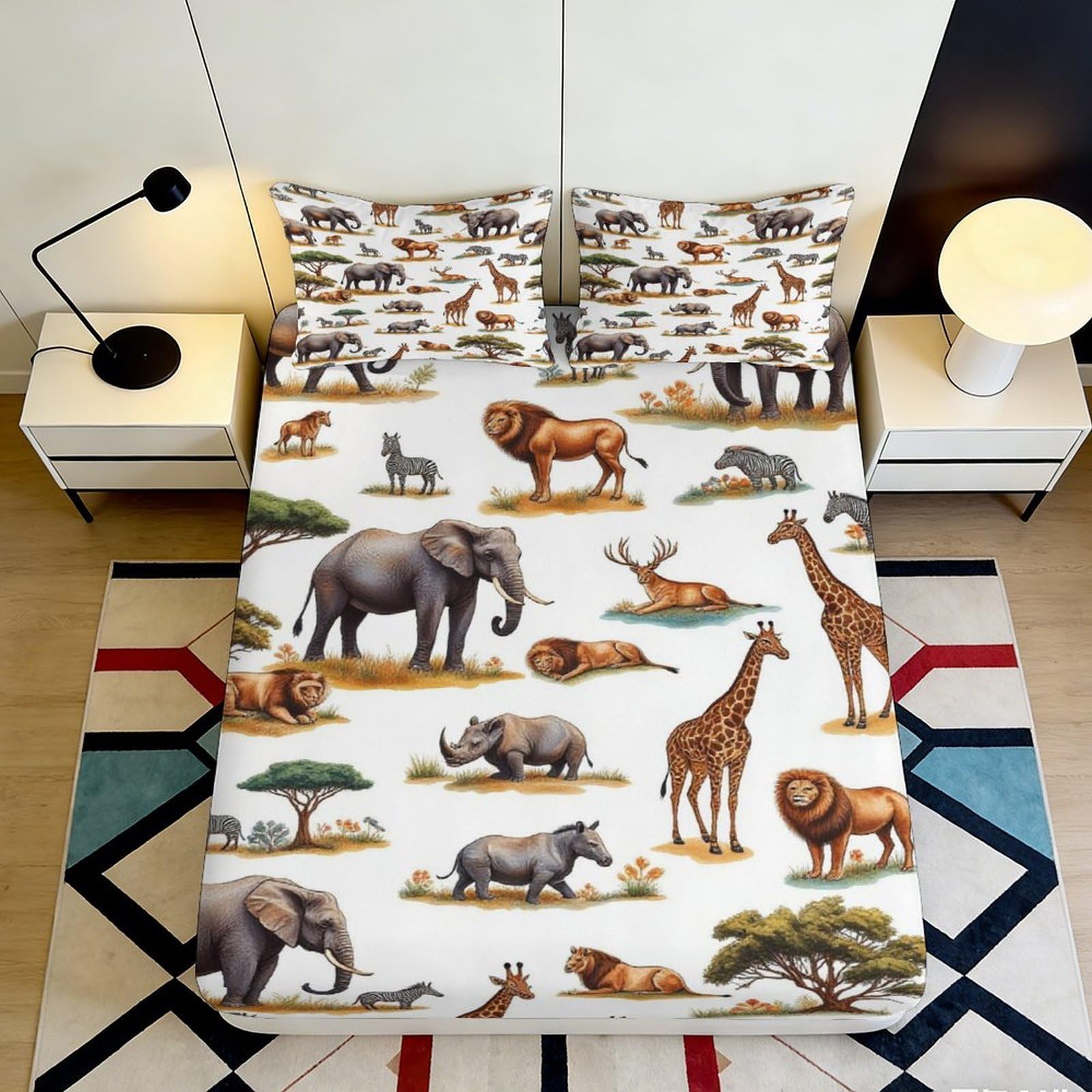 3D Printed African Safari Fitted Sheet Microfiber Soft Animal Wildlife Bed Cover for Bedroom Guest Dorm Mattress Protection Decor 90x200x25cm