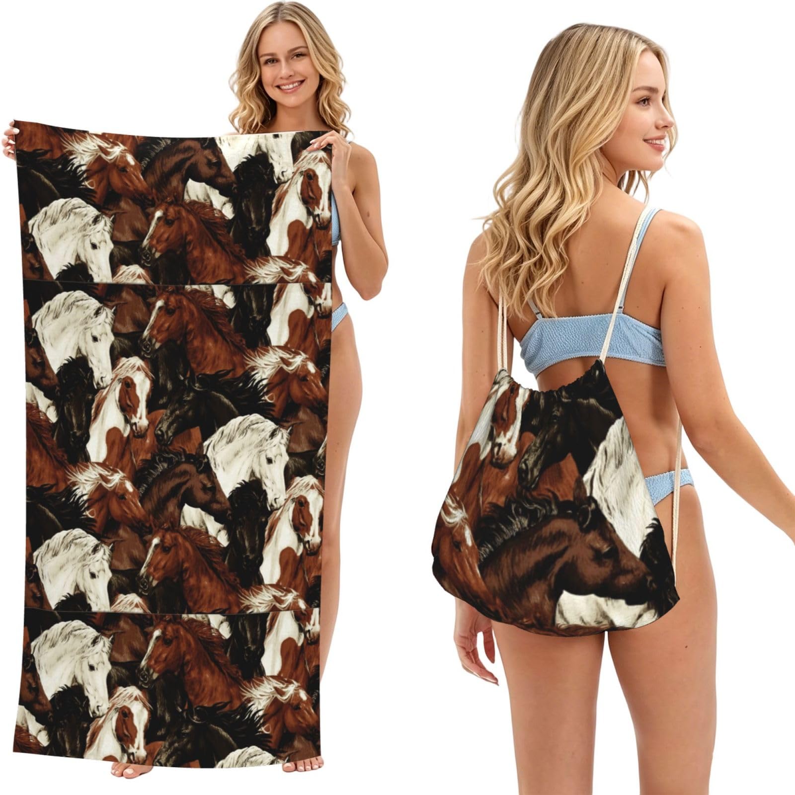 Poadnly As Picture Horses, 2 In 1 Packable Towel Bag, Beach Towels With Drawstring Backpack For Travel Holiday Camping