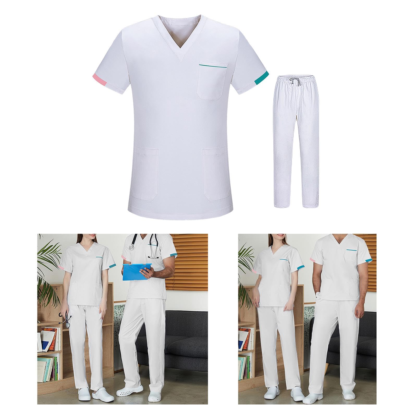 Scrubs set Unisex Oberteil Und Hose Pflegebekleidung V-ausschnitt Kurzarm Dehnbar Bequem mit Seitentaschen aus Atmungsaktivem Baumwollmischgewebe für