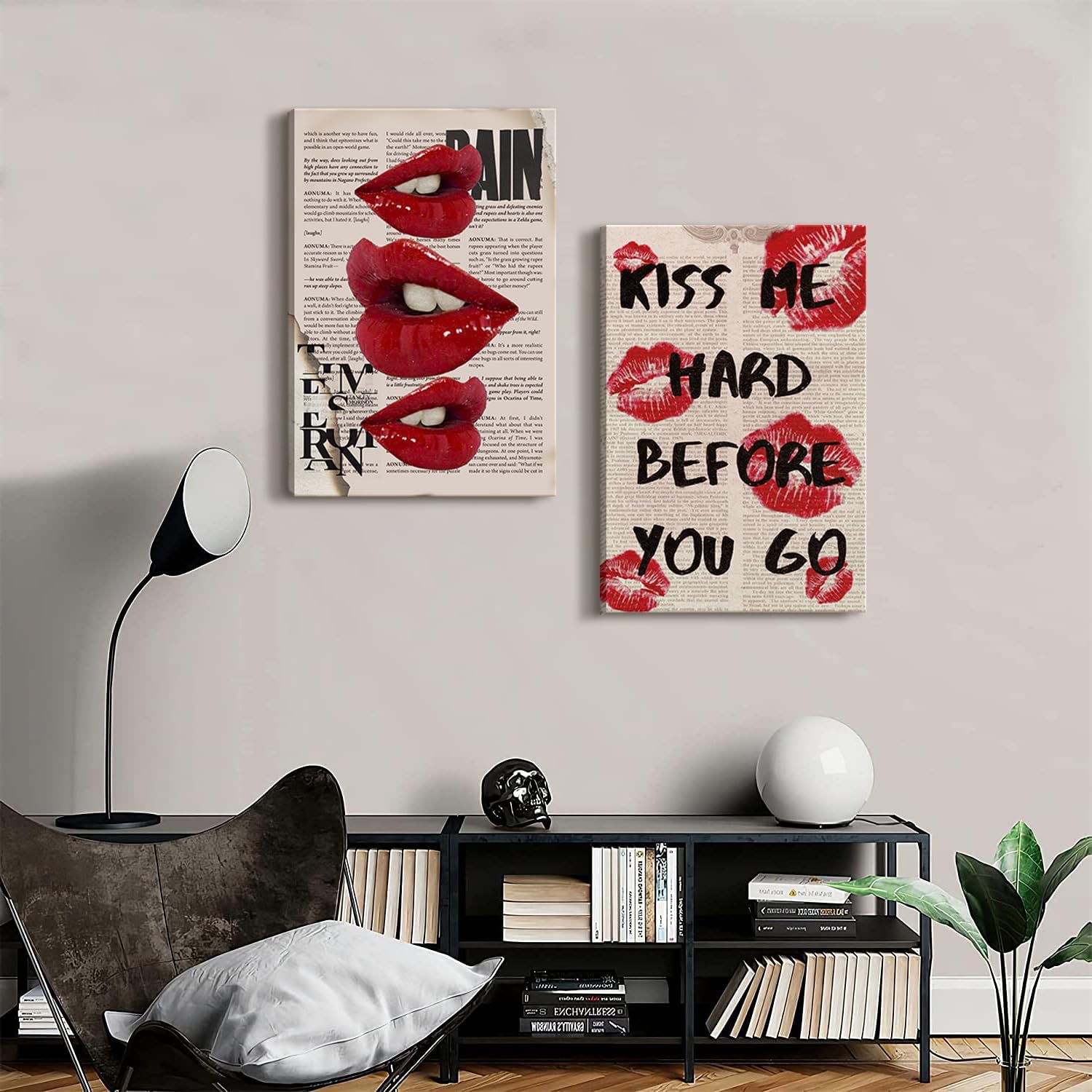 2Pcs Framed Fashion Canvas Wall Art Trendy Preppy Wall Decor Funky Red Lips Posters Retro Newspaper Picture Prints College Girls Aesthetic Room Decor Y2K Girly Dorm Bedroom Decor(12x16in)