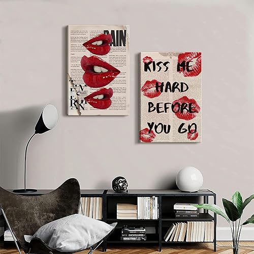 Miniatura 5 de 2 piezas de lienzo enmarcado, arte de pared, decoración de pared de moda preparada, pósteres de labios rojos funky, impresiones de cuadros de