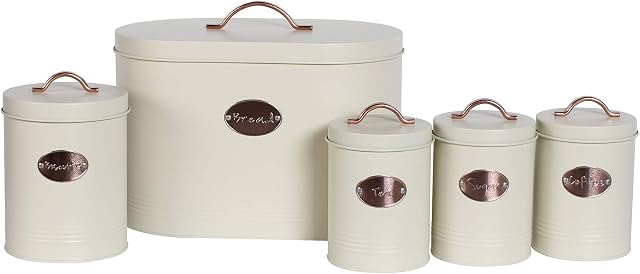 5pc Kitchen Storage Container Set - Bread Bin + Tea Sugar Coffee Biscuit Tins by Crystals® (Cream)