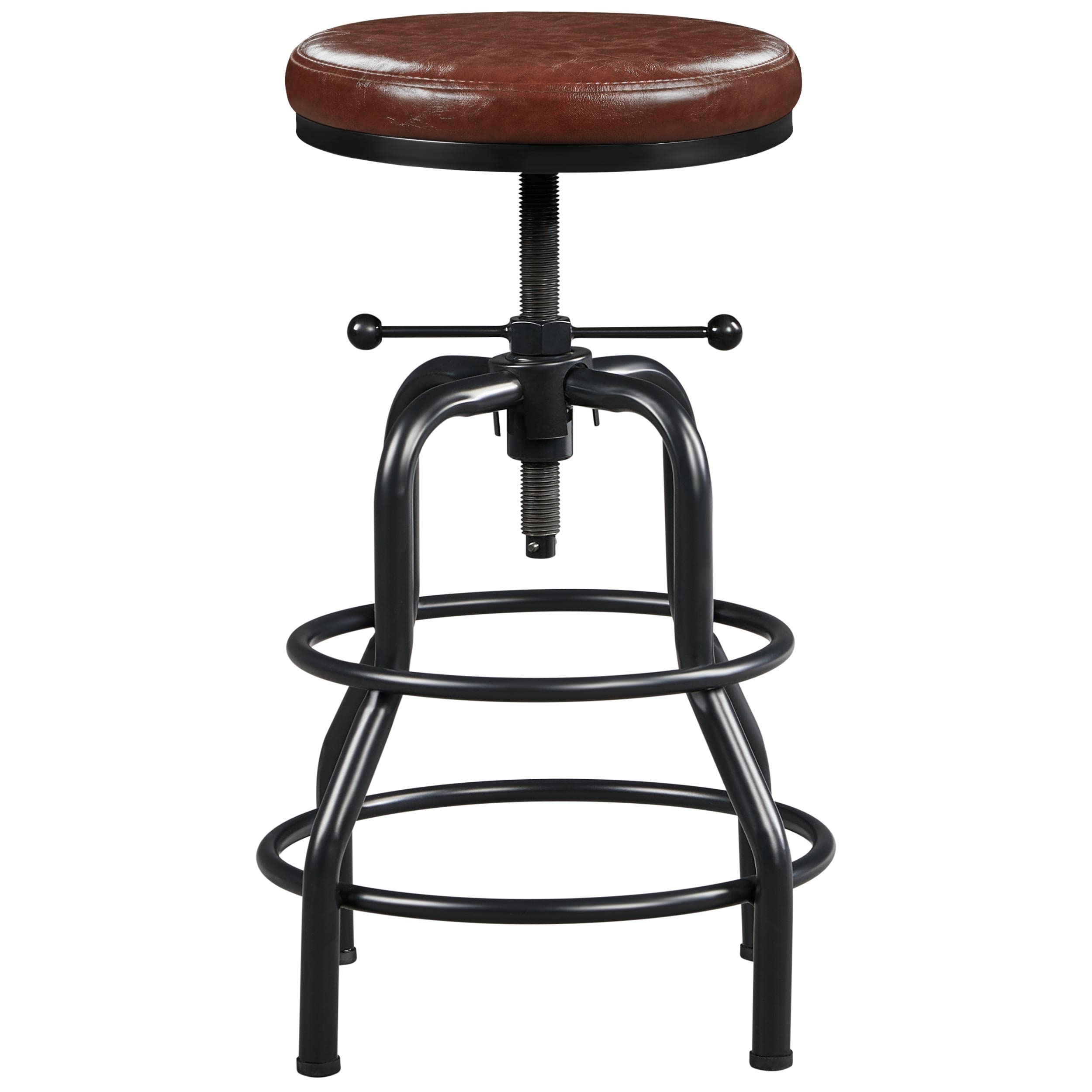 Yaheetech Tabouret de Bar Industriel en Similicuir Tabouret Haut Rond Réglable en Hauteur avec Deux Repose-Pieds Tabouret de Comptoir pour Cuisine Restaurant Design Néo-rétro Marron
