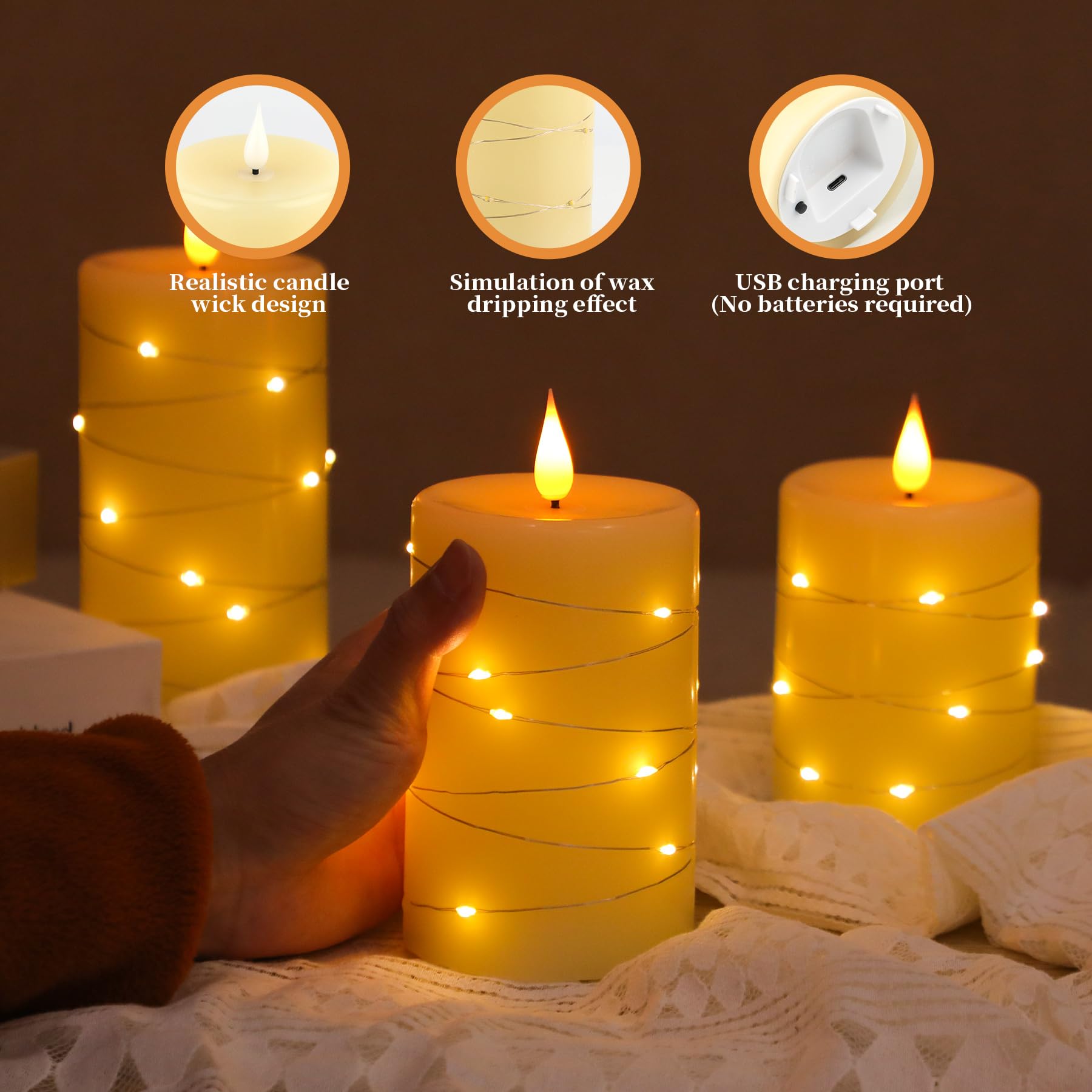 Forever Speed Candele LED Ricaricabili 3 Pezzi con Telecomando, 1000mAH Candele Led Fiamma Oscillante con Luci a Stringa Incorporate Dimmerabile per Decorazione per Feste, Campeggio, Matrimonio