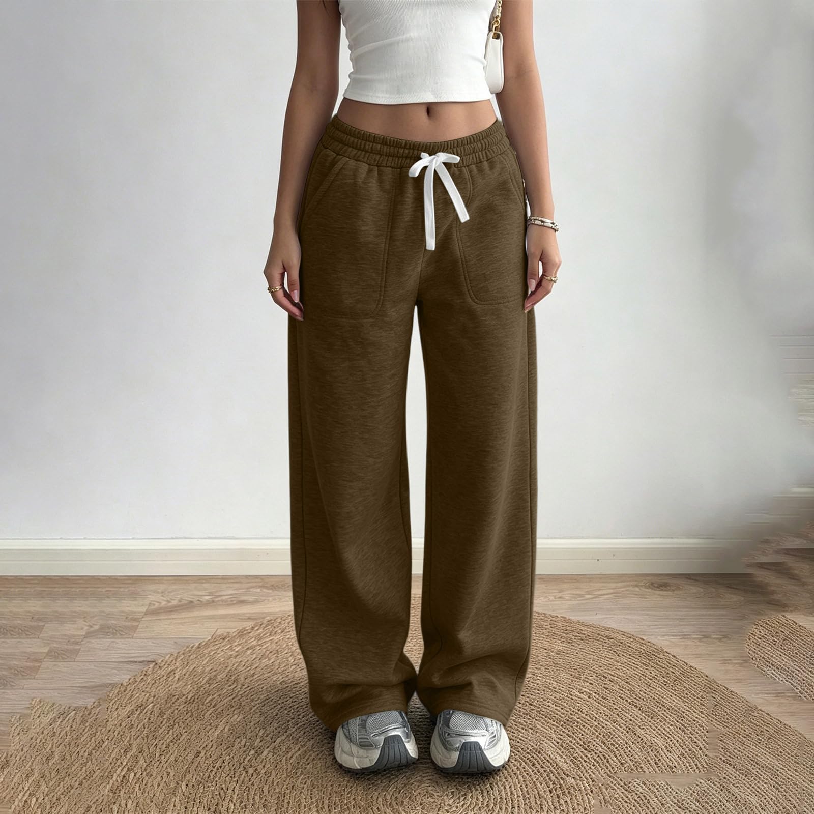 Generico Pantaloni da Jogging Donna Pantaloni Lunghi a Vita Alta Pantlone Cotone con Coulisse Regolabile Leggeri e Comodi Pantalone da Corsa con Tasche Tinta Unita Pants Baggy per Fitness e Sport