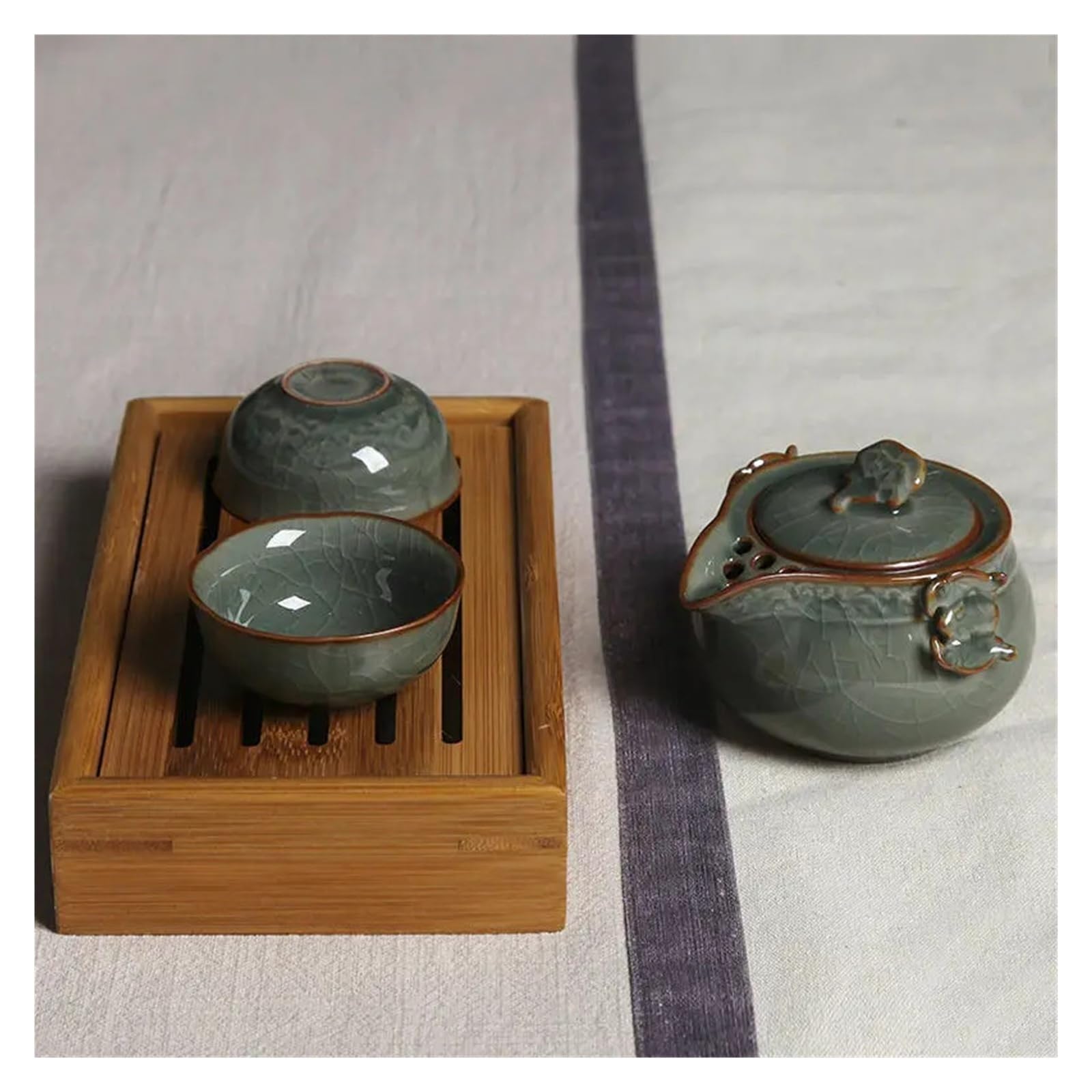 Juego de té portátil Longquan Celadon, olla con 2 tazas de té