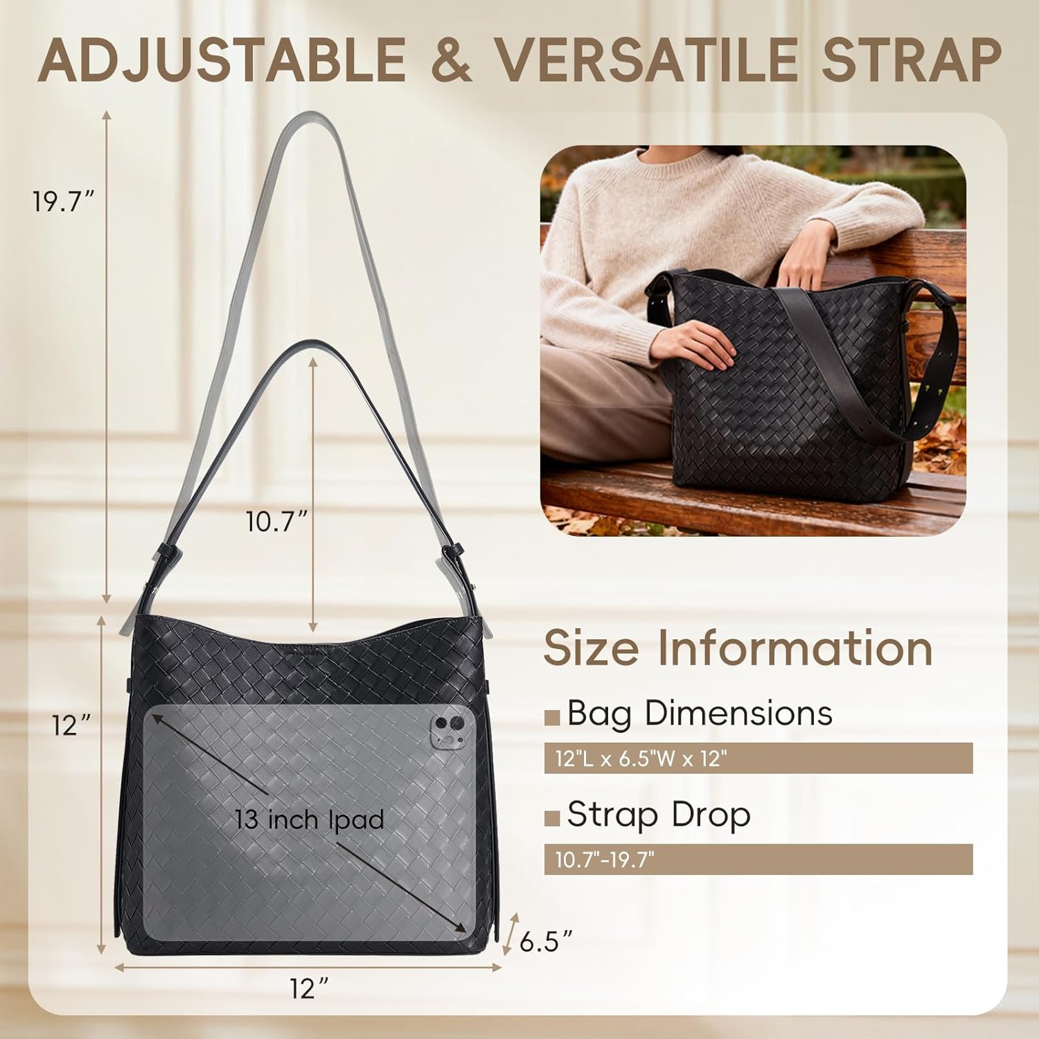 Woven Tote Bag for Women, Large Capacity Shoulder Bag with Adjustable Strap, Multi-Pockets, Black Purse for Work, Travel, and Shopping - Image 5