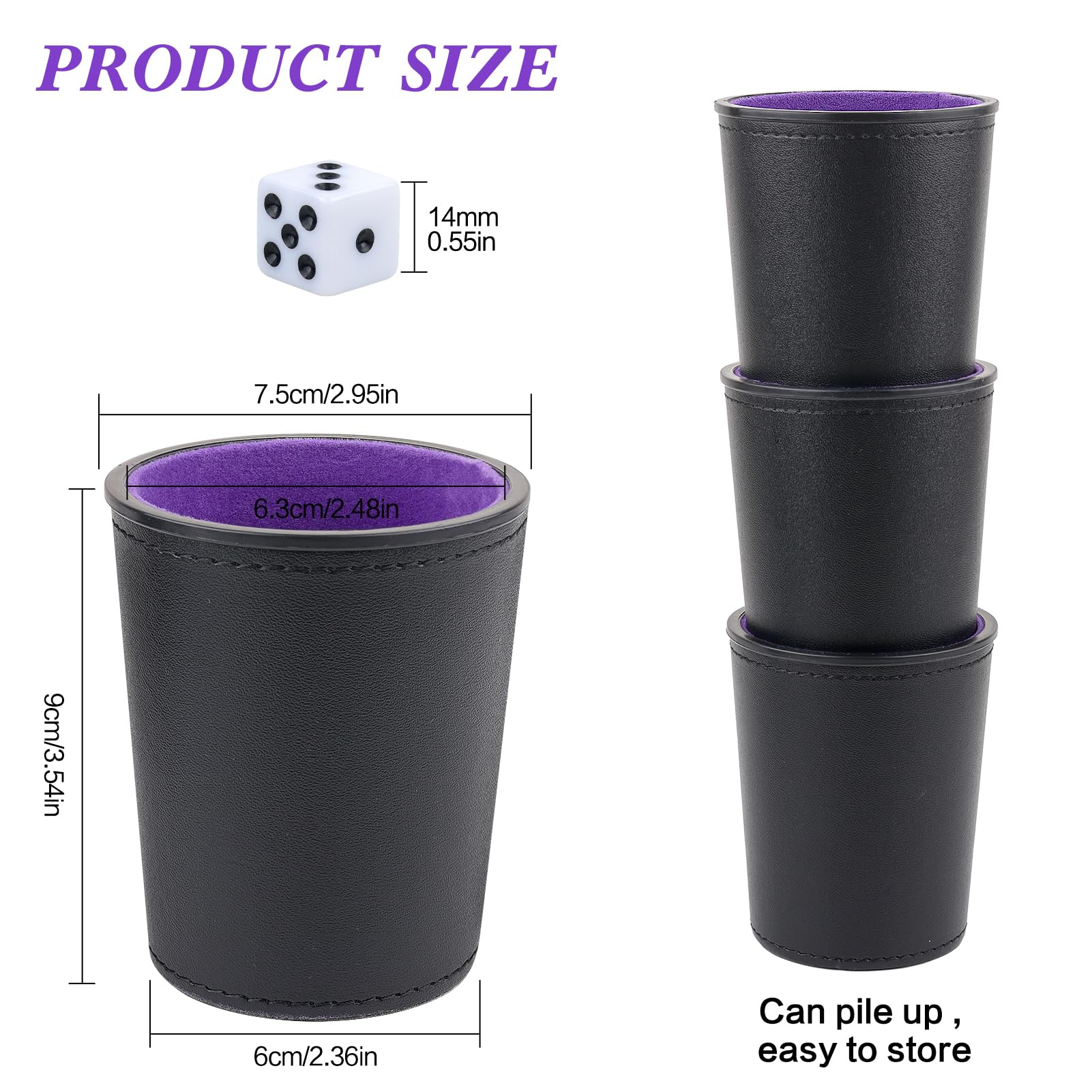 Filzgefüttertes PU-Leder-Würfelbecher-Set, 6 leise Würfel-Shaker-Becher mit 36 Würfeln für Bar-Party, Yahtzee Farkle Würfelspiele, Lila