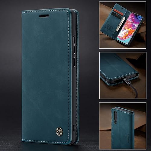 Miniatura 9 de Funda de piel tipo cartera para Galaxy A70, diseño clásico con ranura para tarjeta y cierre magnético, funda plegable para Samsung Galaxy A70 (azul)