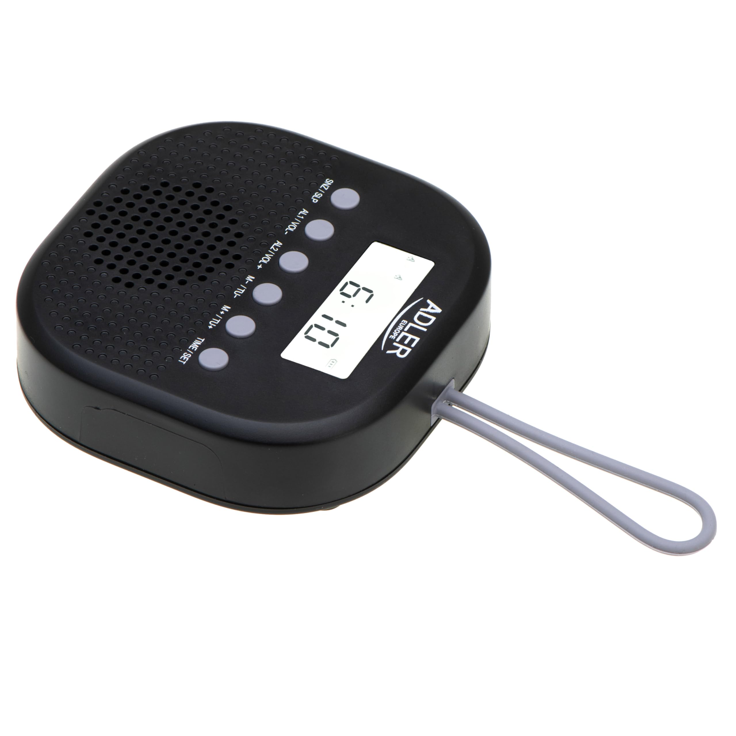 Adler Radio de Salle de Bain numérique AD 1912, IPX4 étanche, FM 87,5-108 MHz, écran LCD, Fonction Double Alarme, Fonction répétition, Crochet en Silicone Souple, Noir