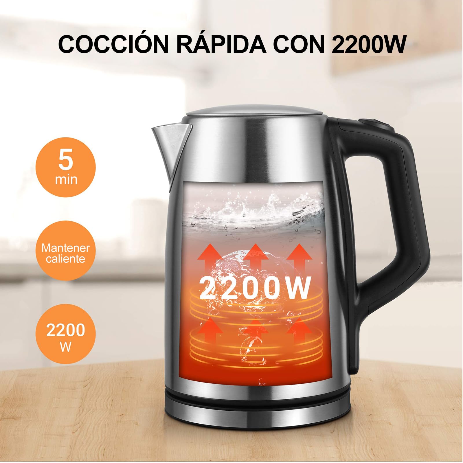 Midea Hervidor de Agua Eléctrico con Control de Temperatura (40, 60, 70, 80, 90, 100℃), Acero Inoxidable 1,7L Kettle, Hervidor Agua 2200W con Indicador del Nivel de Agua, Mantener caliente 60 minutos