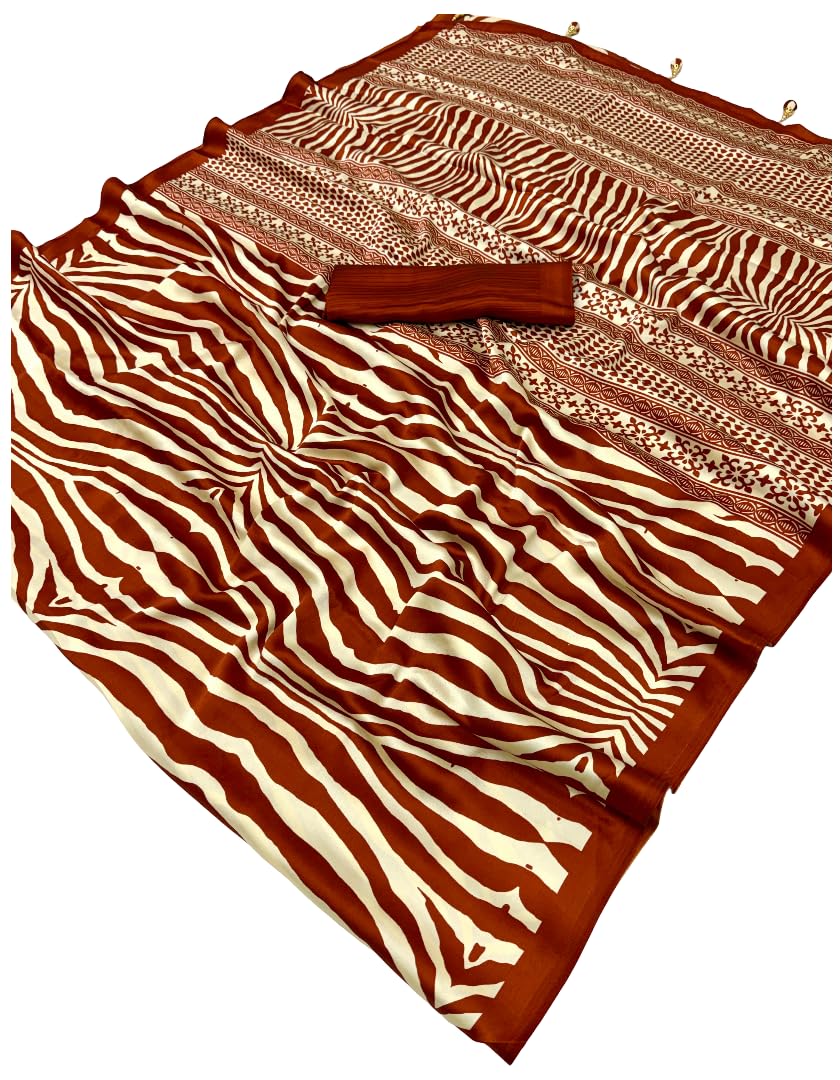DC ELEMENTS Semi Modal Silk Saree with Tassels Designer Zebra Print Sari with Unstitched Blouse Piece Soft Lightweight Ethnic Festive & Party Wear (F)