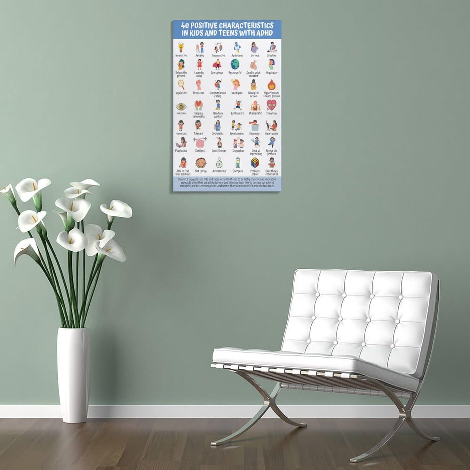 LZTEN Póster de 40 características positivas para niños, adolescentes, TDAH, para niños y adolescentes, estrategia basada en la fuerza, marco de folleto de 40 x 60 cm