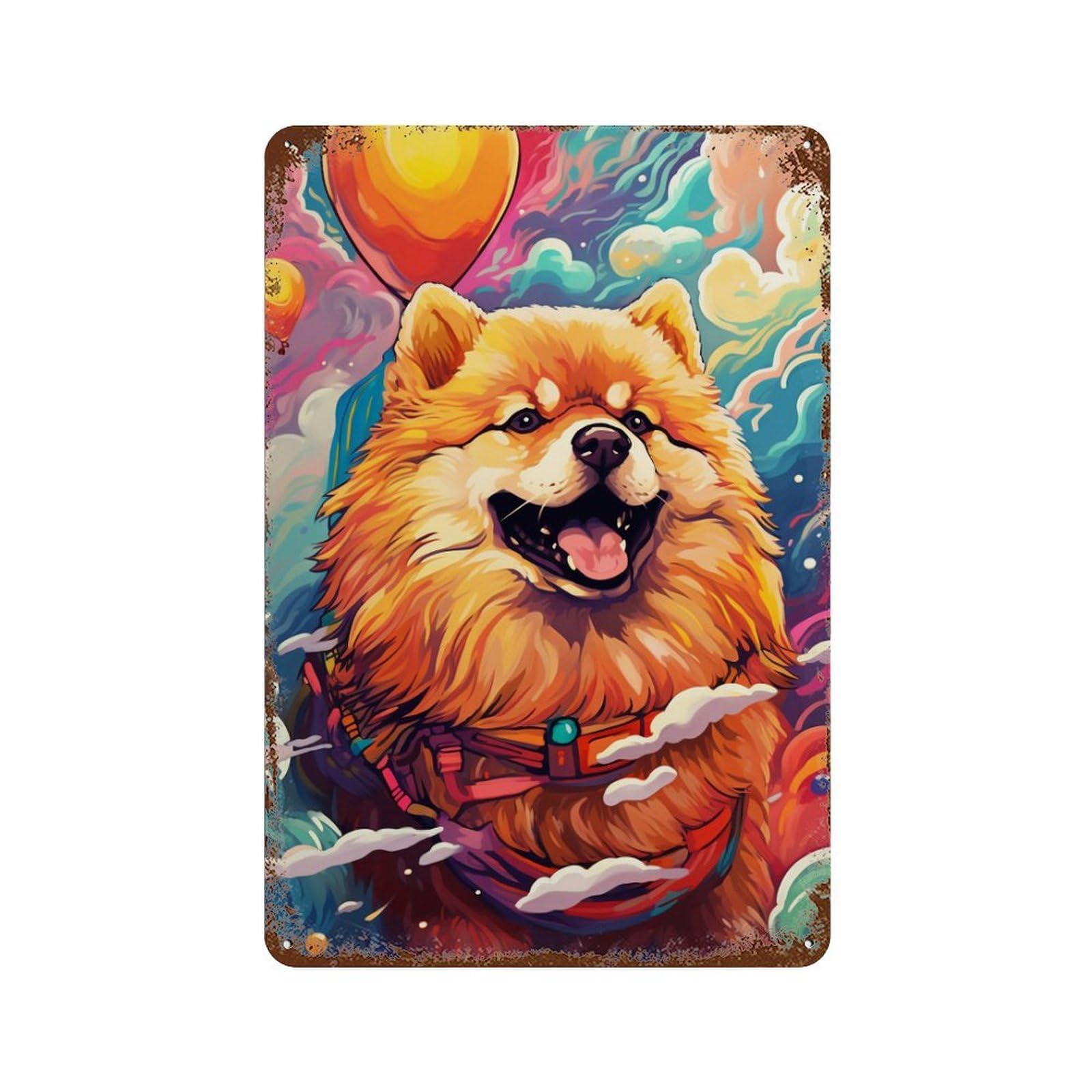 Fluffy Pomeranian in Fantasy Sky 11.8"x7.9" Aged Metal Wall Plaque, Vintage Wall Decor for Basement, Hobby Room And Garage Decor