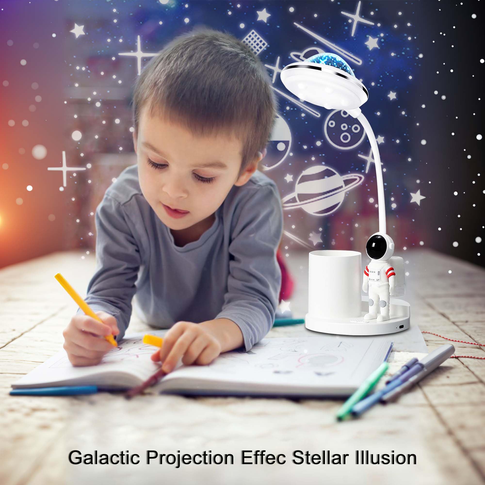 Lámpara de escritorio de astronauta para niños, proyector espacial de estrellas, luz nocturna, luces de astronauta con soporte para bolígrafos, iluminación de atenuación sin pasos, lámparas de mesa