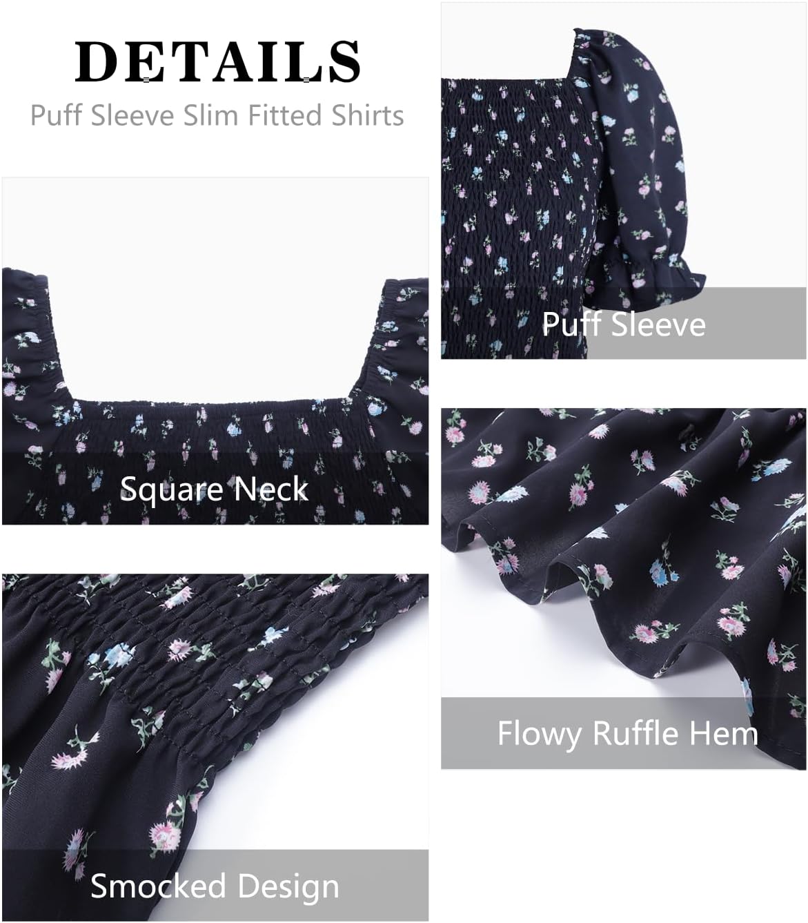 Womens Puff Short Sleeve Babydoll Tops Floral Summer Peplum Blouse Smocked Square Neck Loose Fit Ruffle Dressy Tee Shirts - Image 6