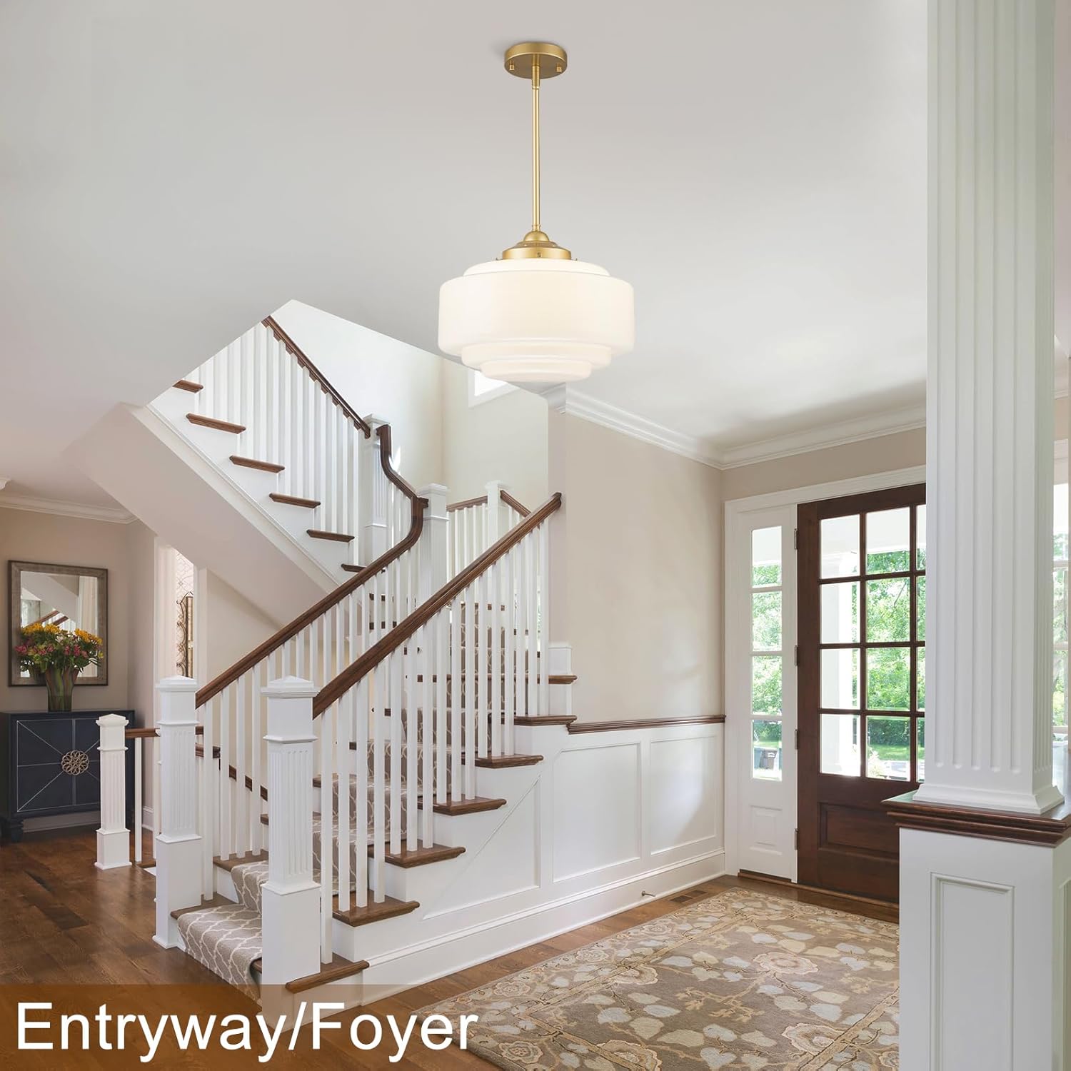 Milk Glass Pendant Light 14” Mid Century Modern Pendant Lighting Fixture With Gold Metal Vintage Schoolhouse Chandelier For Dining Room Kitchen Island Living Room Bedroom, Adjustable Height (E26)