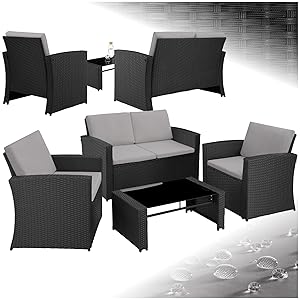 TecTake® Conjunto Jardín de Ratán y Acero, Muebles Jardín Exterior, 2 Sillones, 1 Sofá, 1 Mesa con Cristal, Conjunto Terraza Resistente a Intemperie, con Cojines, Fundas Extraíbles - Negro/Gris