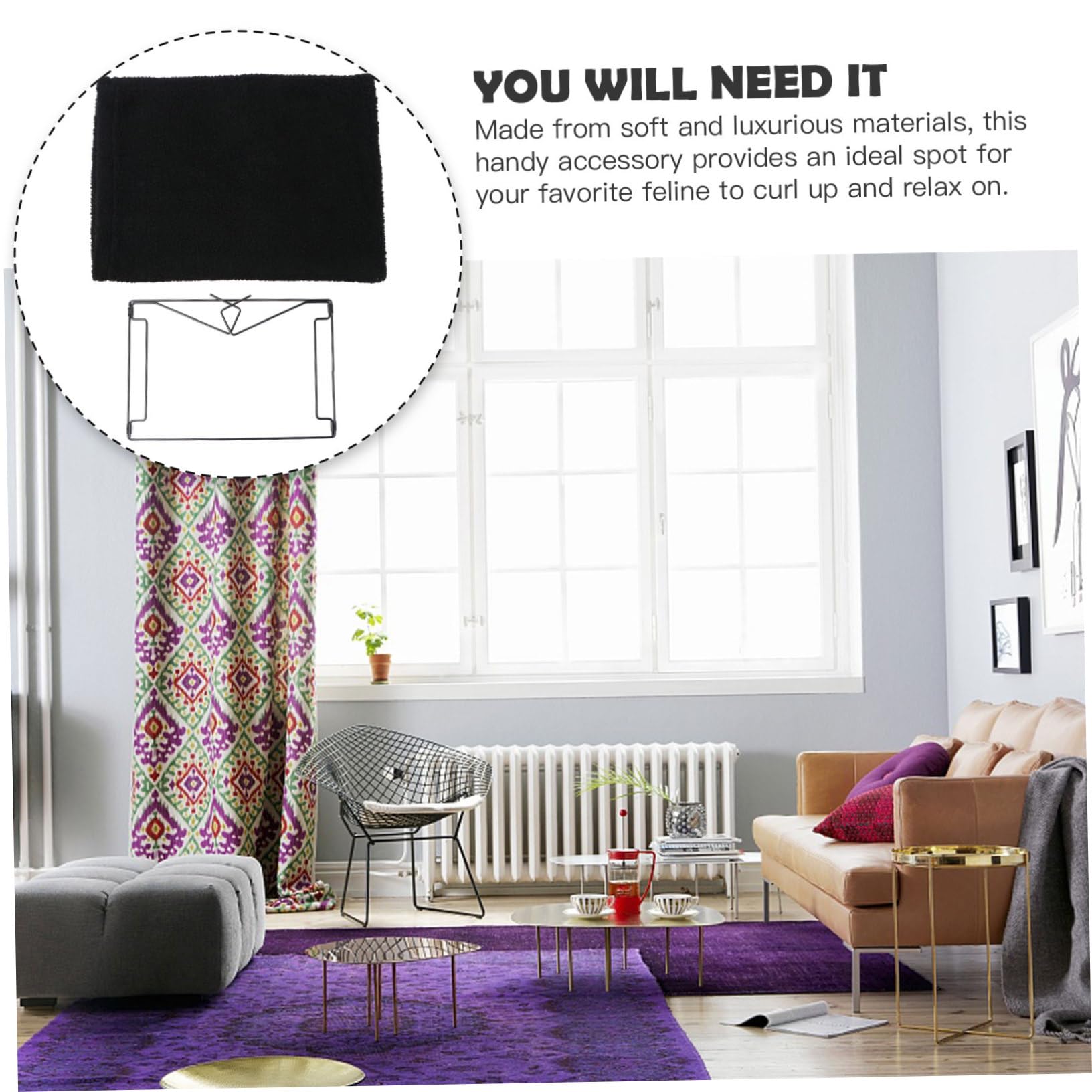 Hamaca para Gatos Colgante Estructura de Metal y Almohadón de Vellón Negro, Cama Cálida para Invierno Fácil de Almacenar y Desmontable