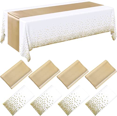 Breling 8 Pack White and Gold Disposable Plastic Tablecloths and