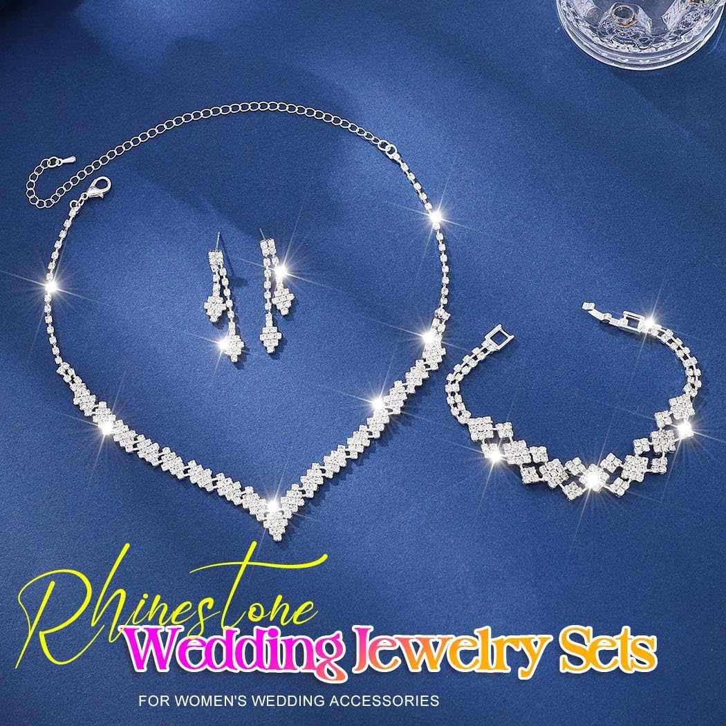 Aukmla Silver Rhinetsone Necklace Set Wedding Jewelry Sets Prom Jewelry for Brides and Women