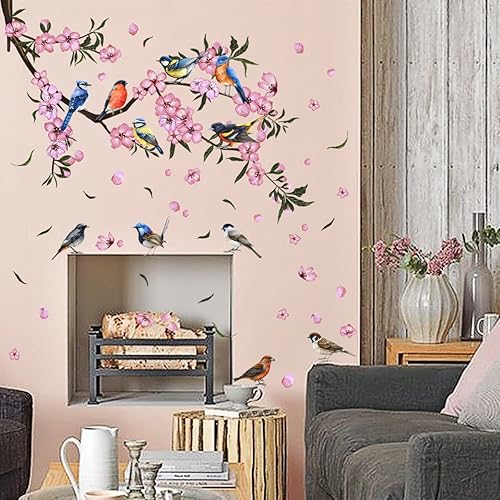 Miniatura 2 de Timelesslong Calcomanías de pared de flores para sala de estar, dormitorio, calcomanías de pared de vinilo con pájaros extraíbles, murales de pared