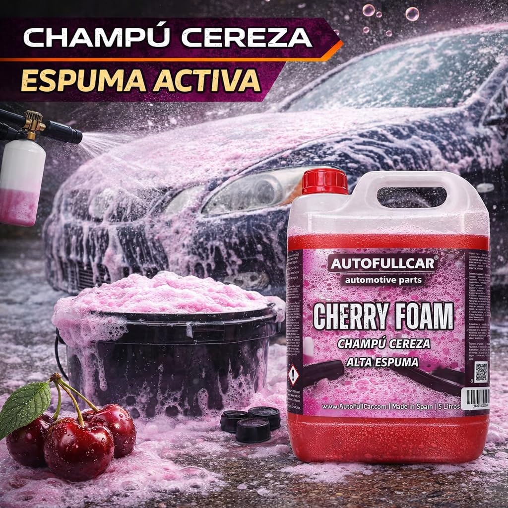 AutoFullCar Cherry Foam 5 Litros, Champu Espuma Activa Coche Rosa, Limpiador Alcalino Alta Concentracion, Lavado Carroceria, Uso con Lanza Foamer o Cubo, Encapsula Suciedad