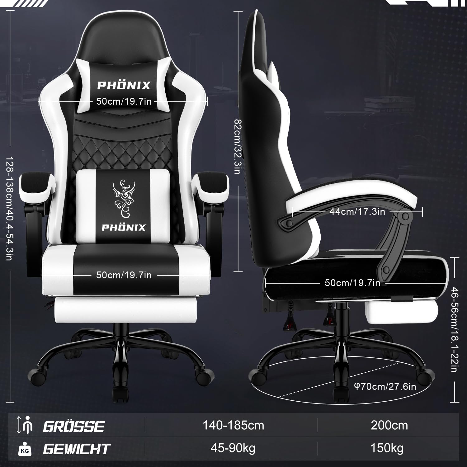 Gaming Stuhl, ergonomischer Gaming Sessel mit Fußstütze, Gamer Stuhl mit Lendenkissen & Kopfstütze, Gaming Chair mit neigbarer Rückenlehne, Bürostuhl & Gamingstuhl,150 kg, Weiß