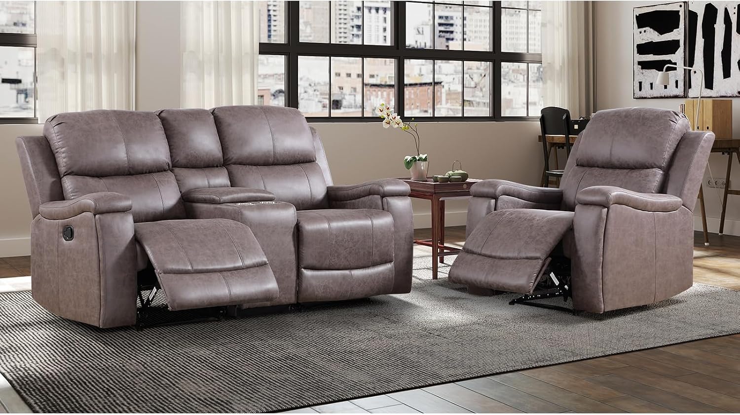 EBELLO Faux Leather Manual Reclining Couch Furniture Set for Living Room, Recliner Chair, with Cup Holders, 3 Seat Reclining Sofa Set for Meeting Room, Grey (Recliner+Sofa)