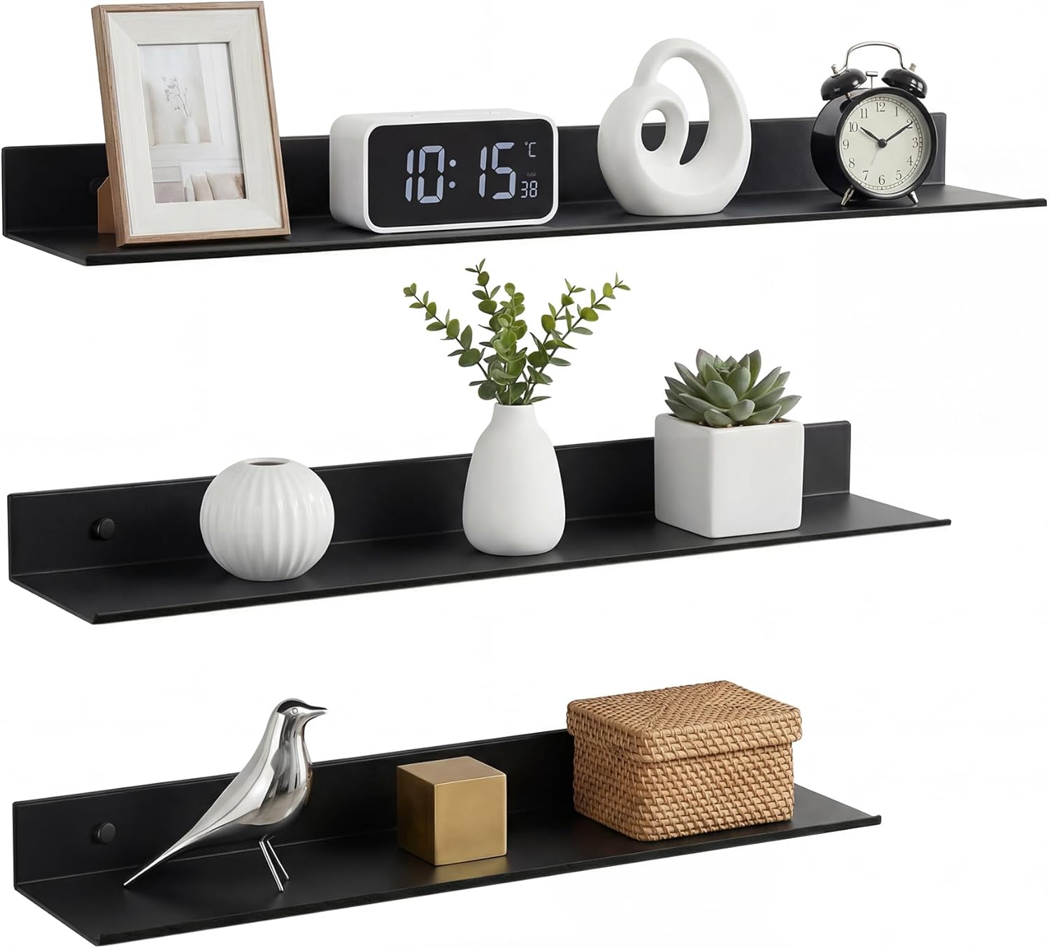 Z metnal Wall Shelf, Long Floating Shelves, Metal Hanging Shelf for Living Room Kitchen Storage Entry, Aluminum, Wall Mounted, Matt Black, 24 inch, Set of 2